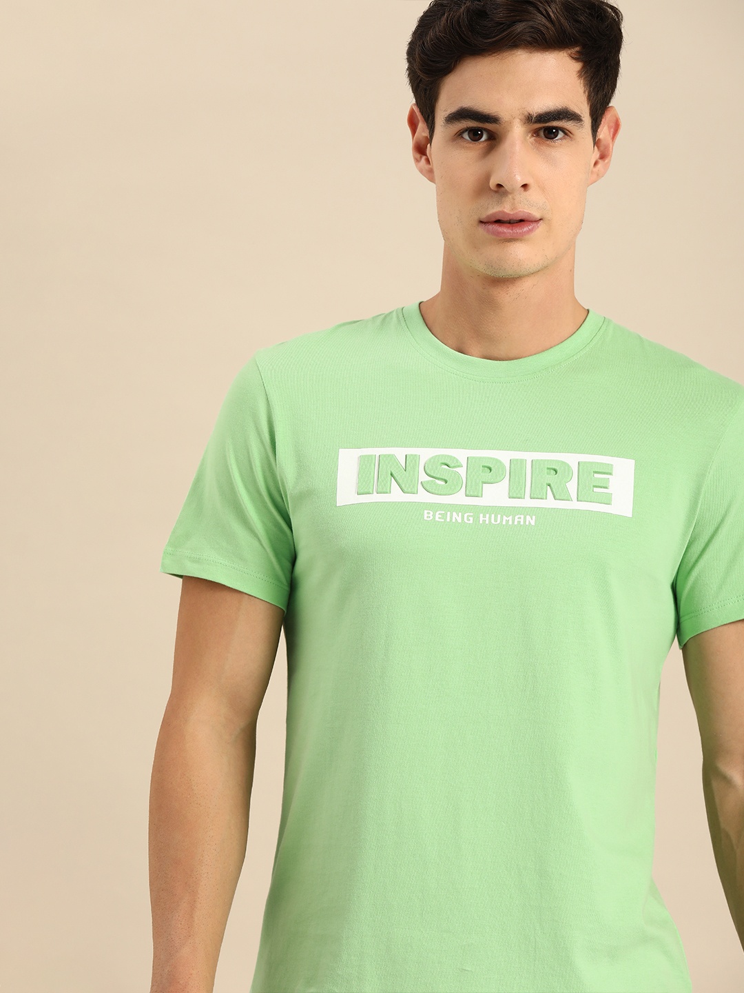 

Being Human Clothing Men Green Logo Printed Round Neck Pure Cotton T-shirt