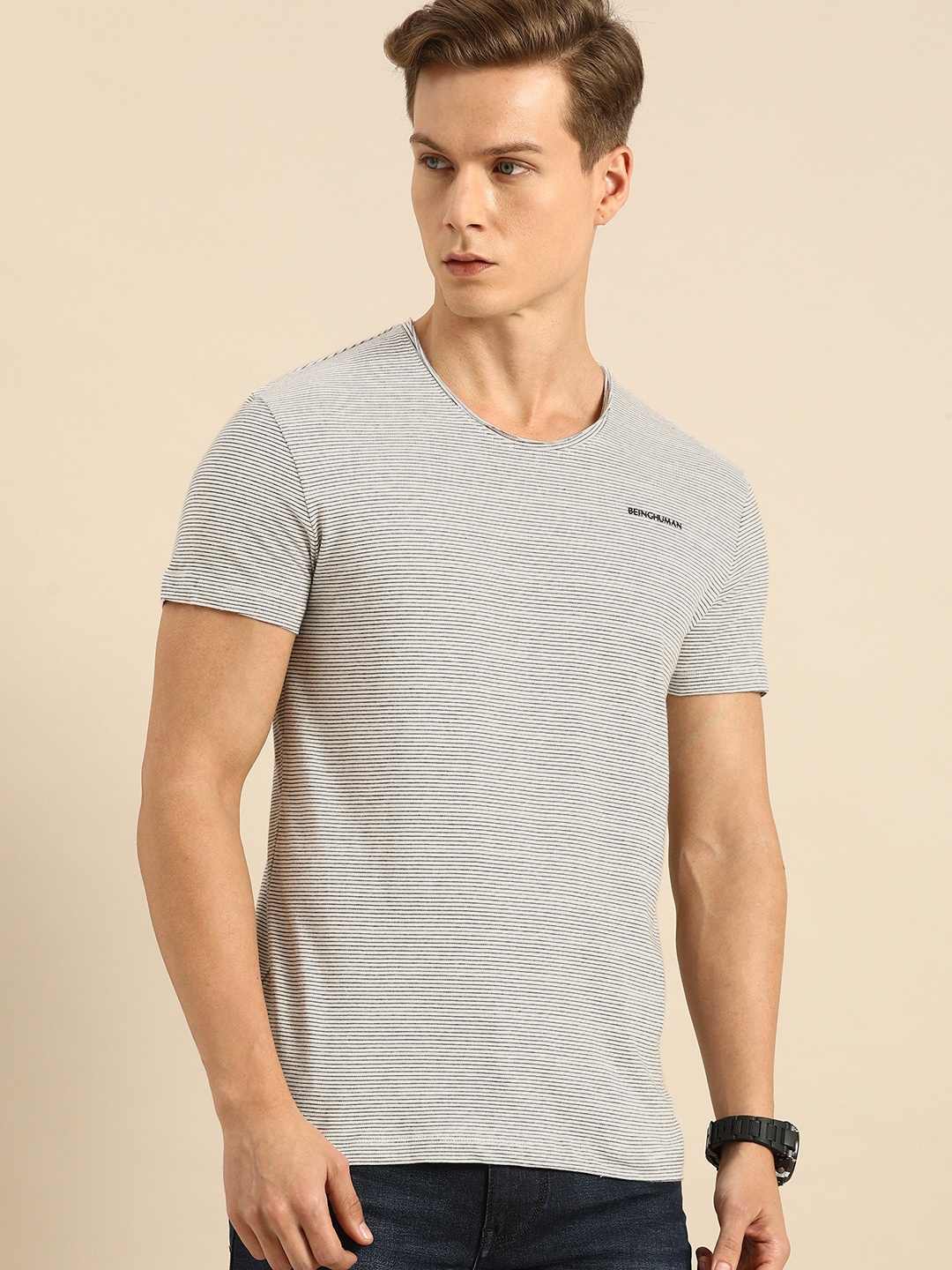 

Being Human Men Grey Striped Round Neck Pure Cotton T-shirt