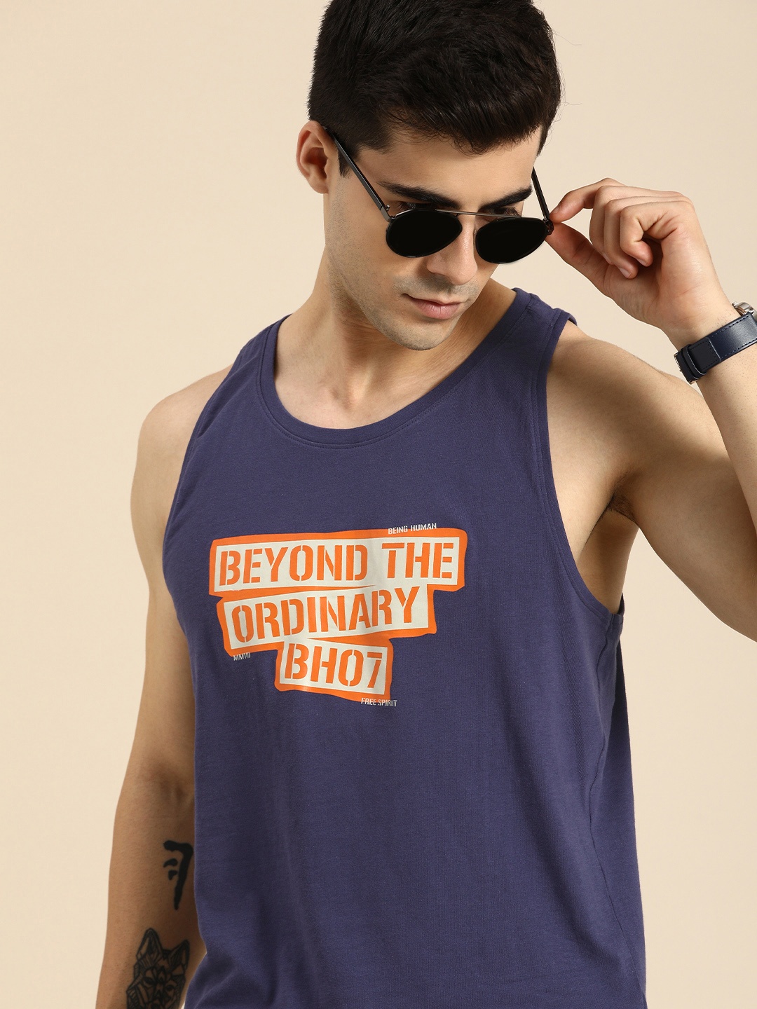 

Being Human Men Navy Blue & Orange Typography Printed Pure Cotton T-shirt