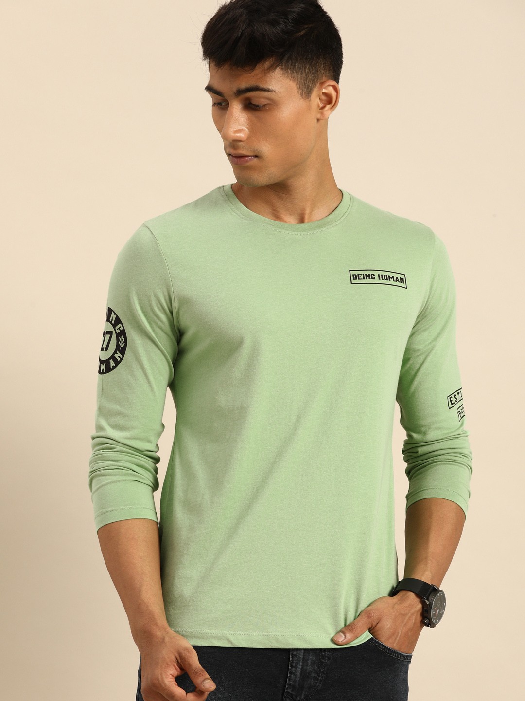

Being Human Men Sea Green Solid Round Neck Pure Cotton T-shirt
