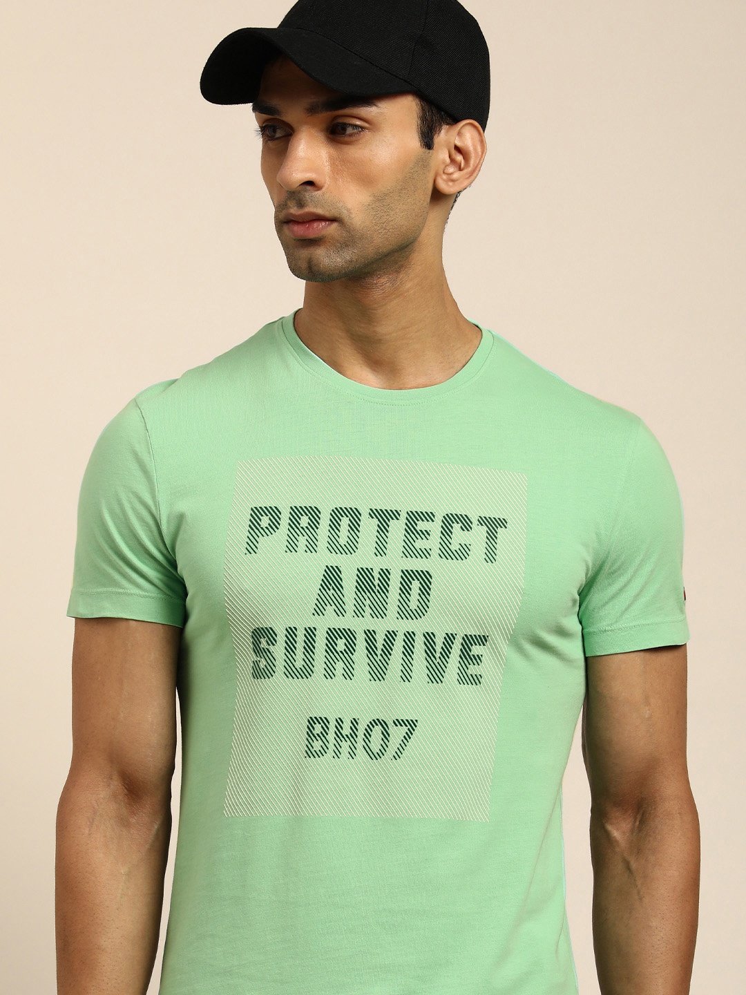 Being Human Men Turquoise Blue Typography Printed Pure Cotton T-shirt