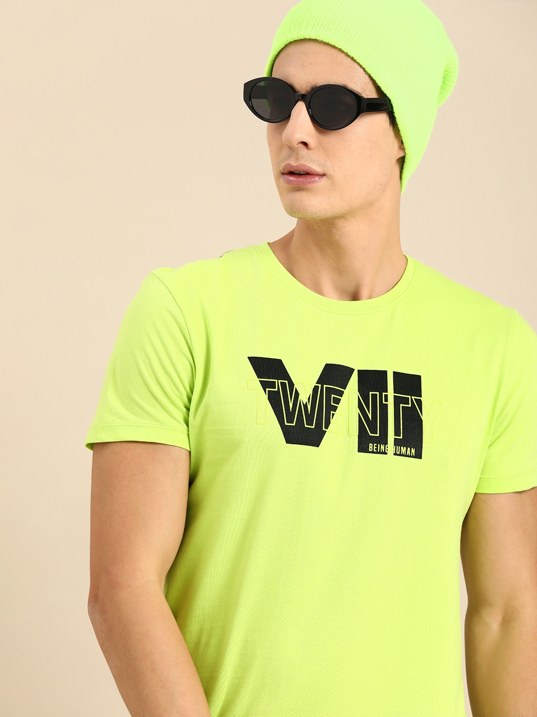 

Being Human Clothing Men Lime Green Printed Round Neck Pure Cotton T-shirt