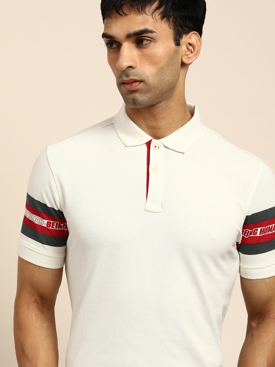 

Being Human Men Off White Solid Polo Collar Pure Cotton T-shirt