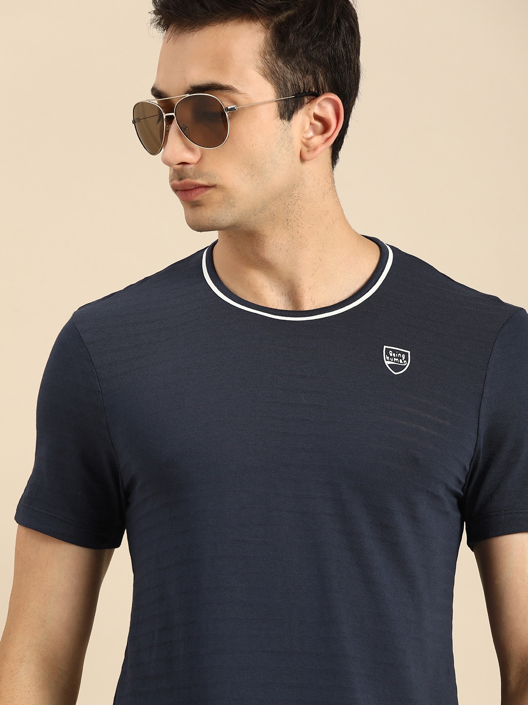 

Being Human Clothing Men Navy Blue Striped Round Neck Pure Cotton T-shirt