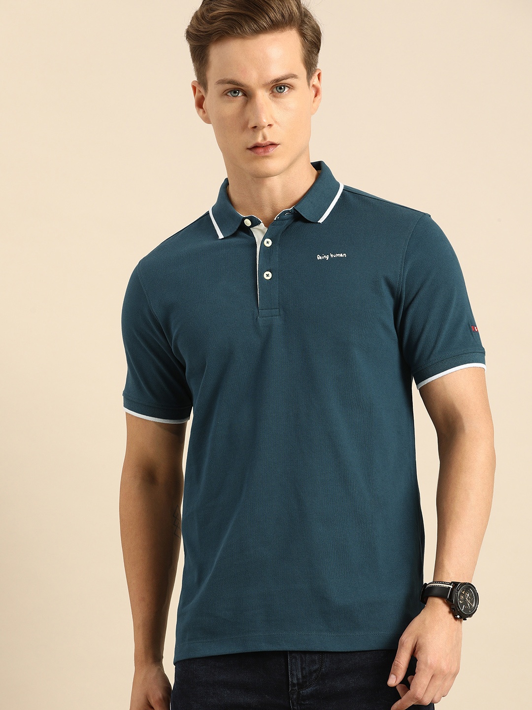 

Being Human Clothing Men Teal Blue Solid Polo Collar Pure Cotton T-shirt