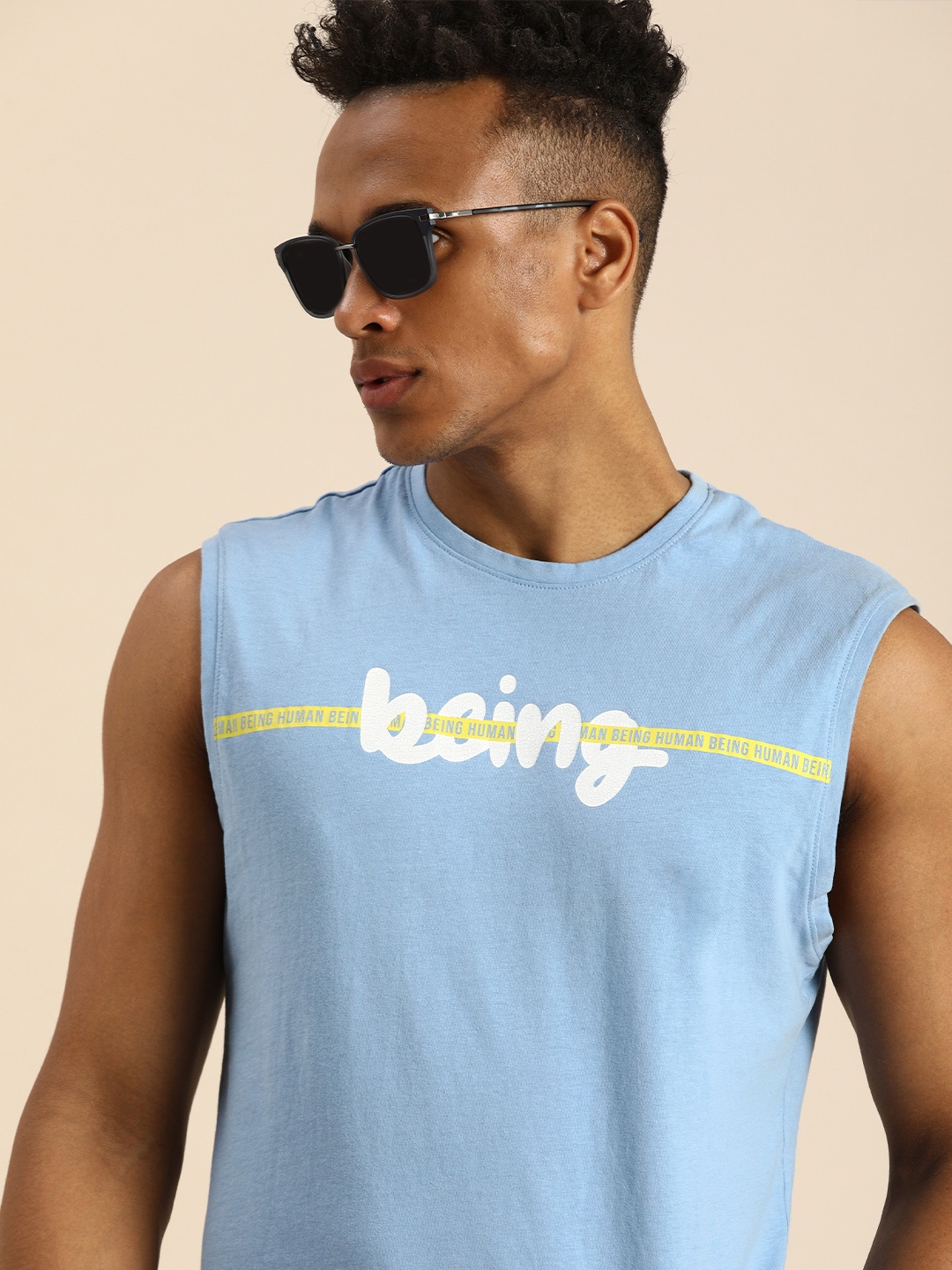 

Being Human Men Light Blue Brand Logo Printed Pure Cotton Sleeveless T-shirt