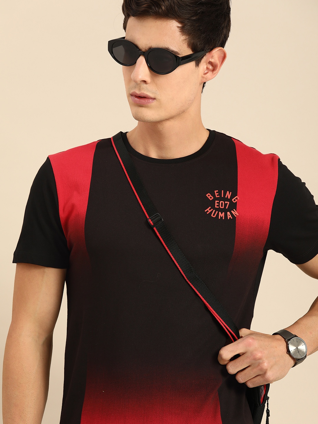 

Being Human Clothing Men Black Red Dyed Round Neck Pure Cotton T-shirt
