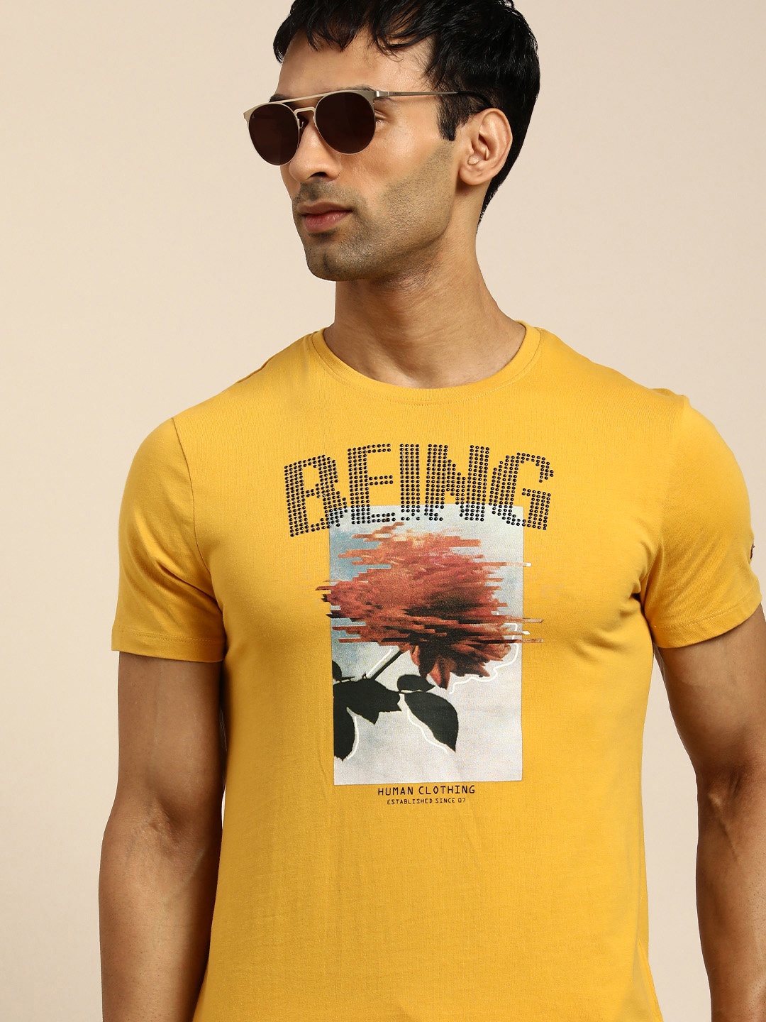 

Being Human Men Yellow & Multicoloured Printed Pure Cotton Slim Fit Casual T-shirt