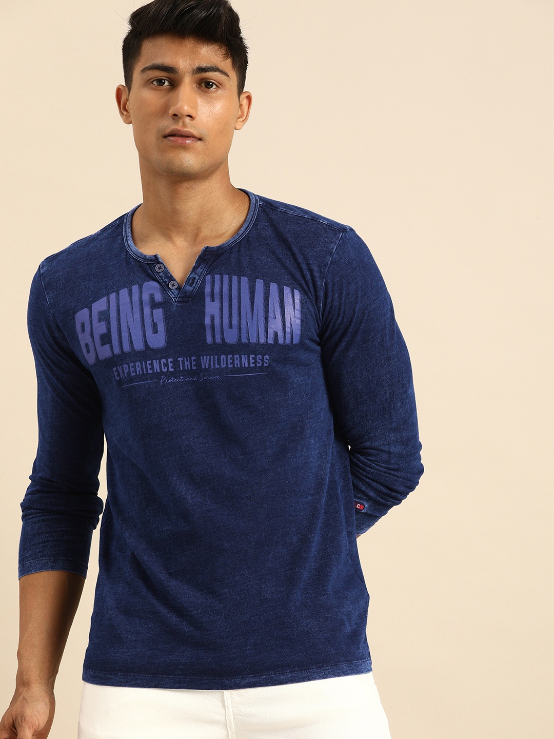

Being Human Men Navy Blue Printed V-Neck Pure Cotton T-shirt