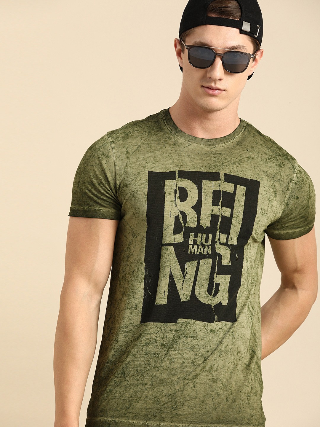 

Being Human Men Olive Green Printed Round Neck Pure Cotton T-shirt