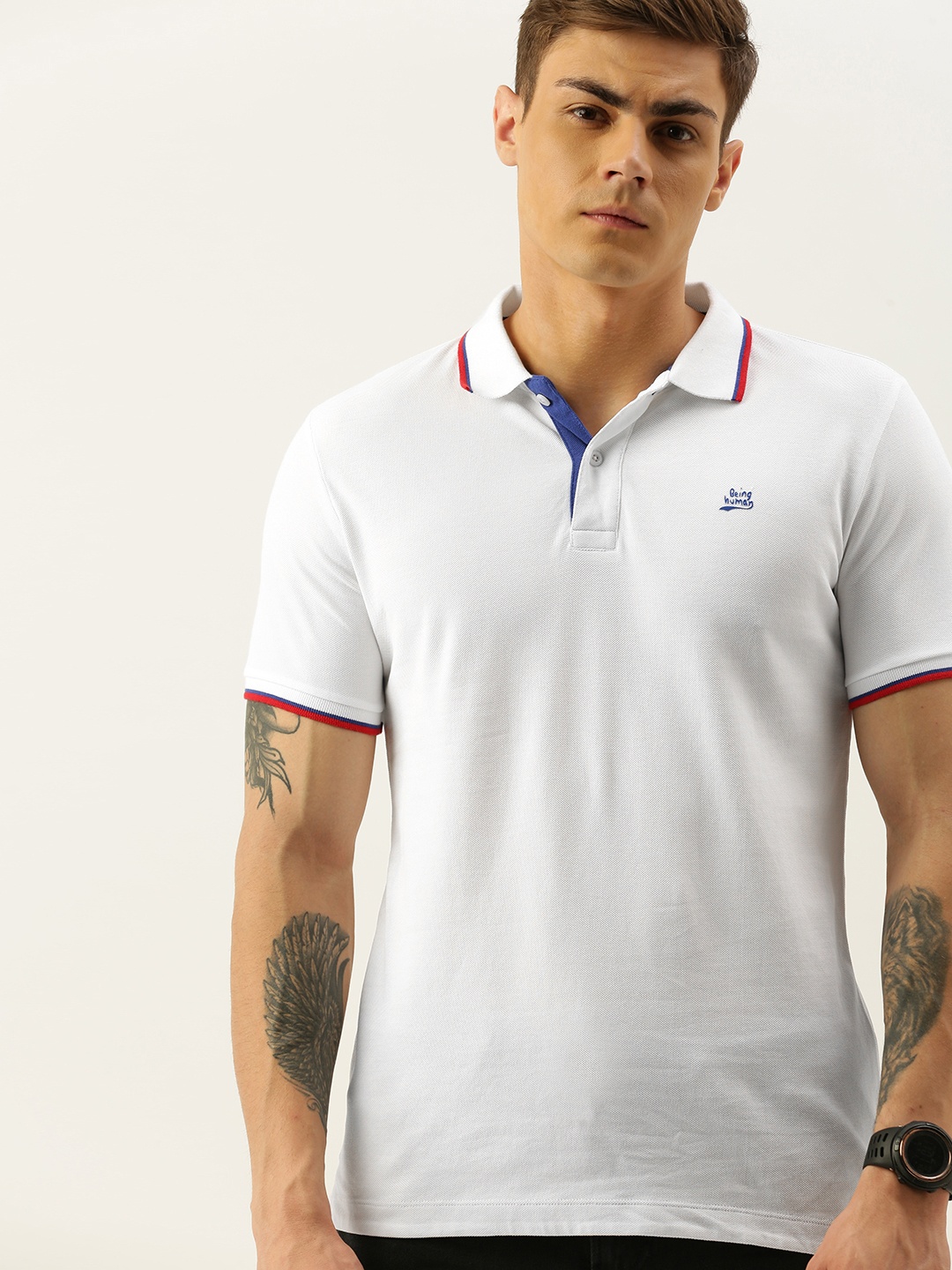 

Being Human Men White Solid Polo Collar Pure Cotton T-shirt