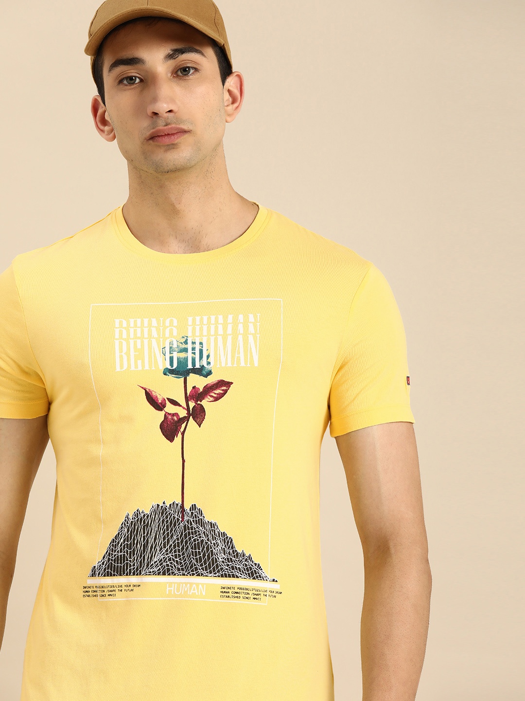 

Being Human Men Yellow White Brand Logo Print Round Neck Pure Cotton T-shirt