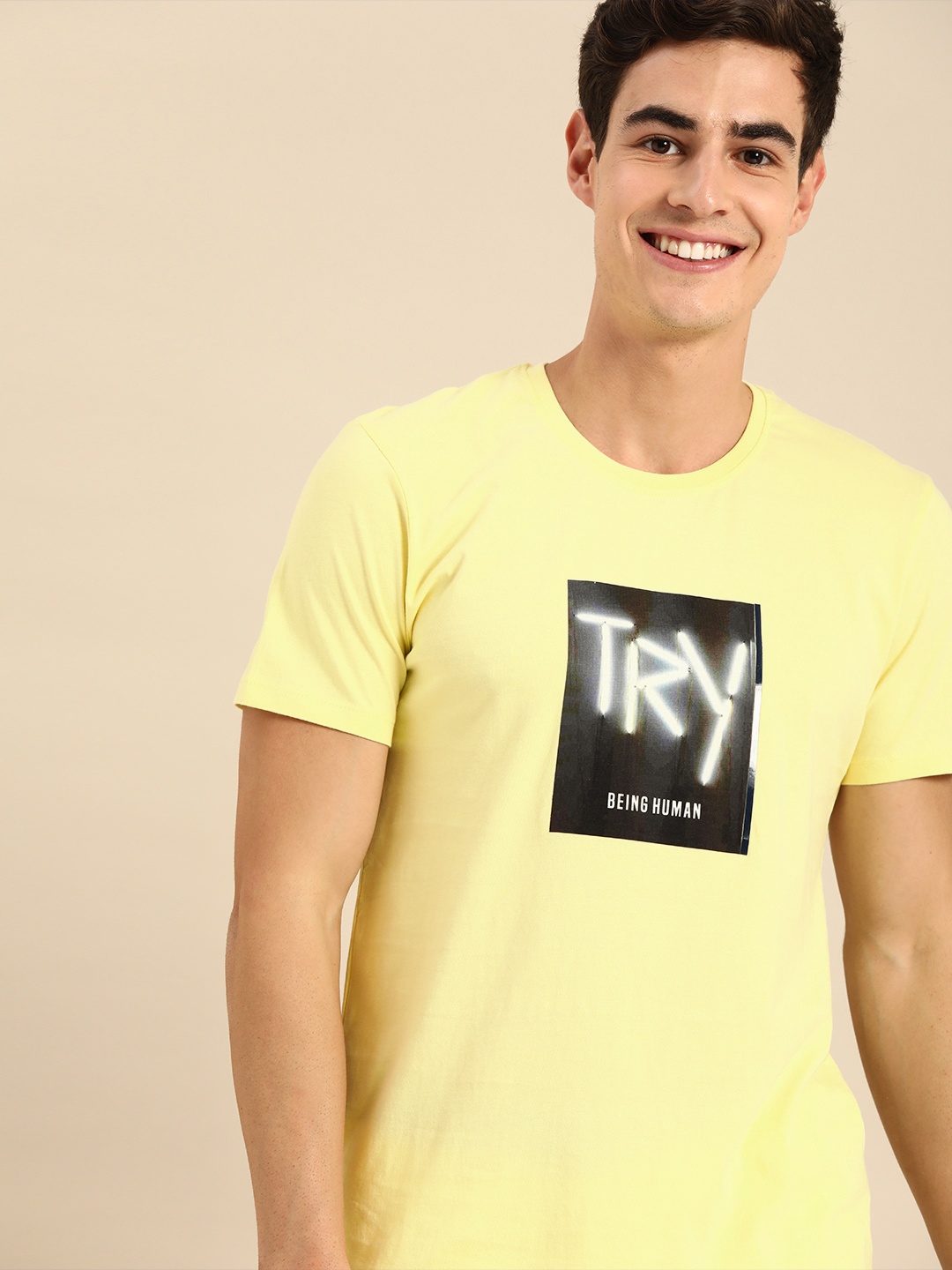 

Being Human Clothing Men Yellow Brand Logo Printed Round Neck Pure Cotton T-shirt