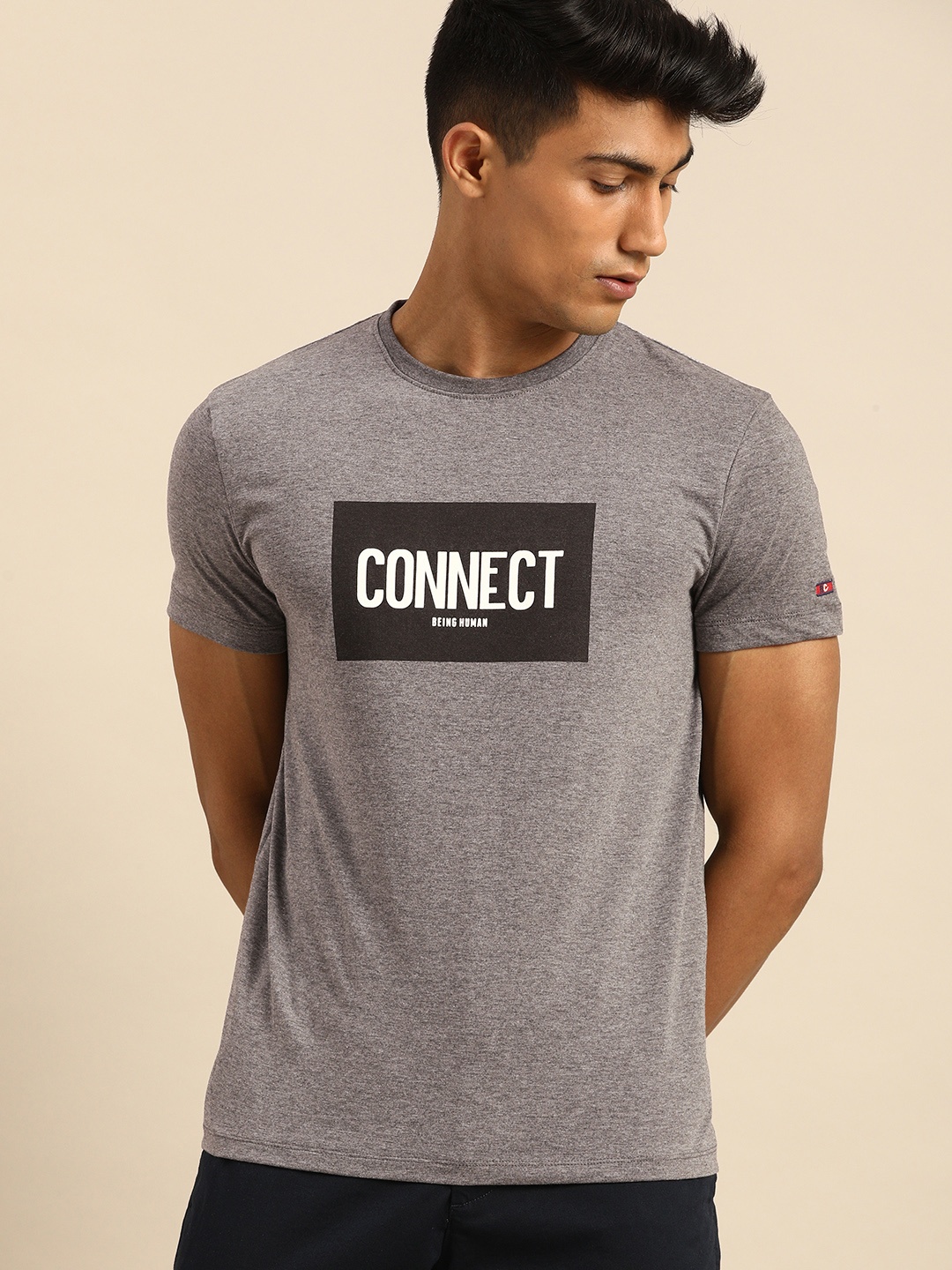

Being Human Men Grey Melange Printed Round Neck T-shirt