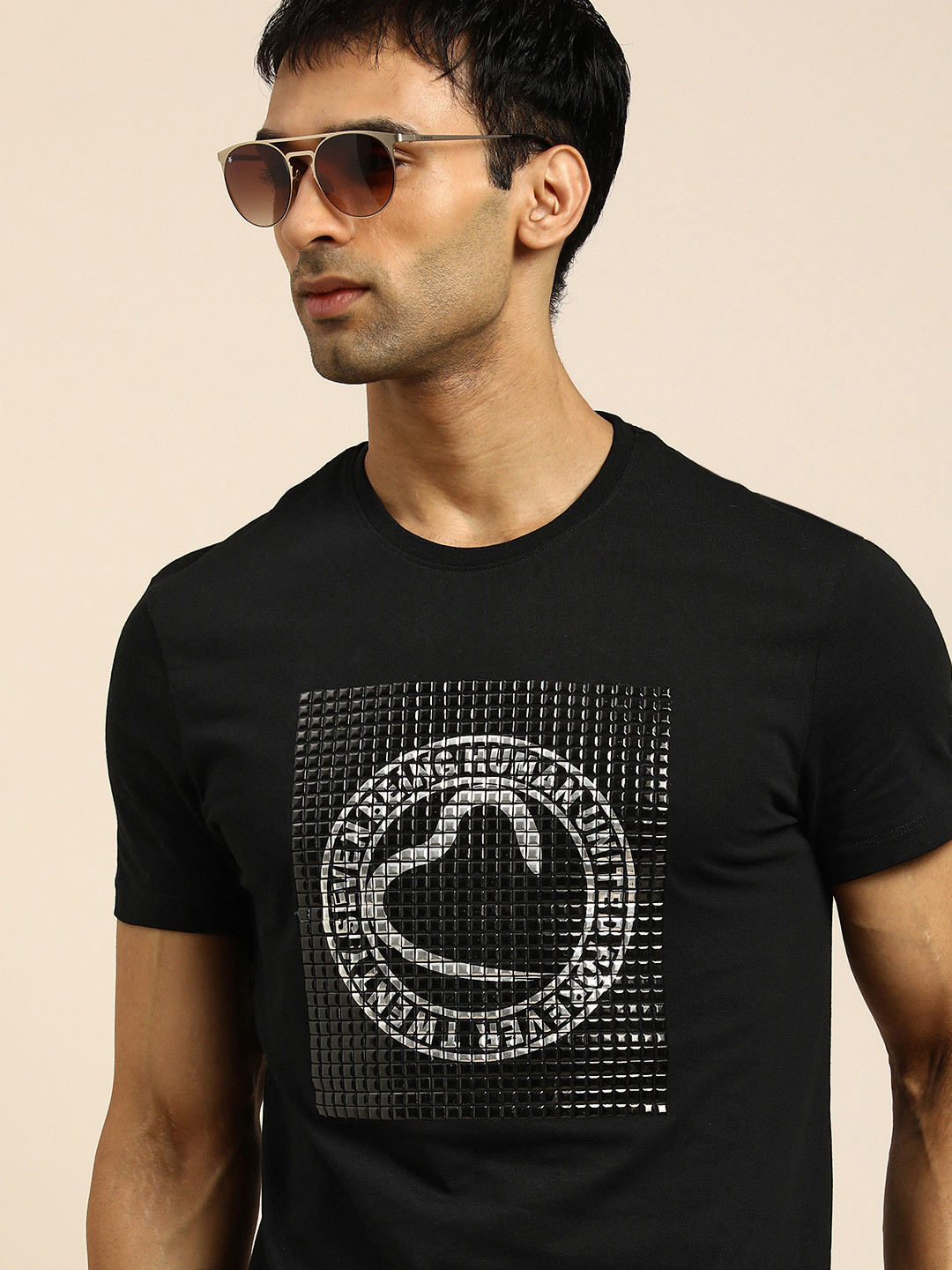 

Being Human Men Black Graphic Printed Pure Cotton Applique T-shirt
