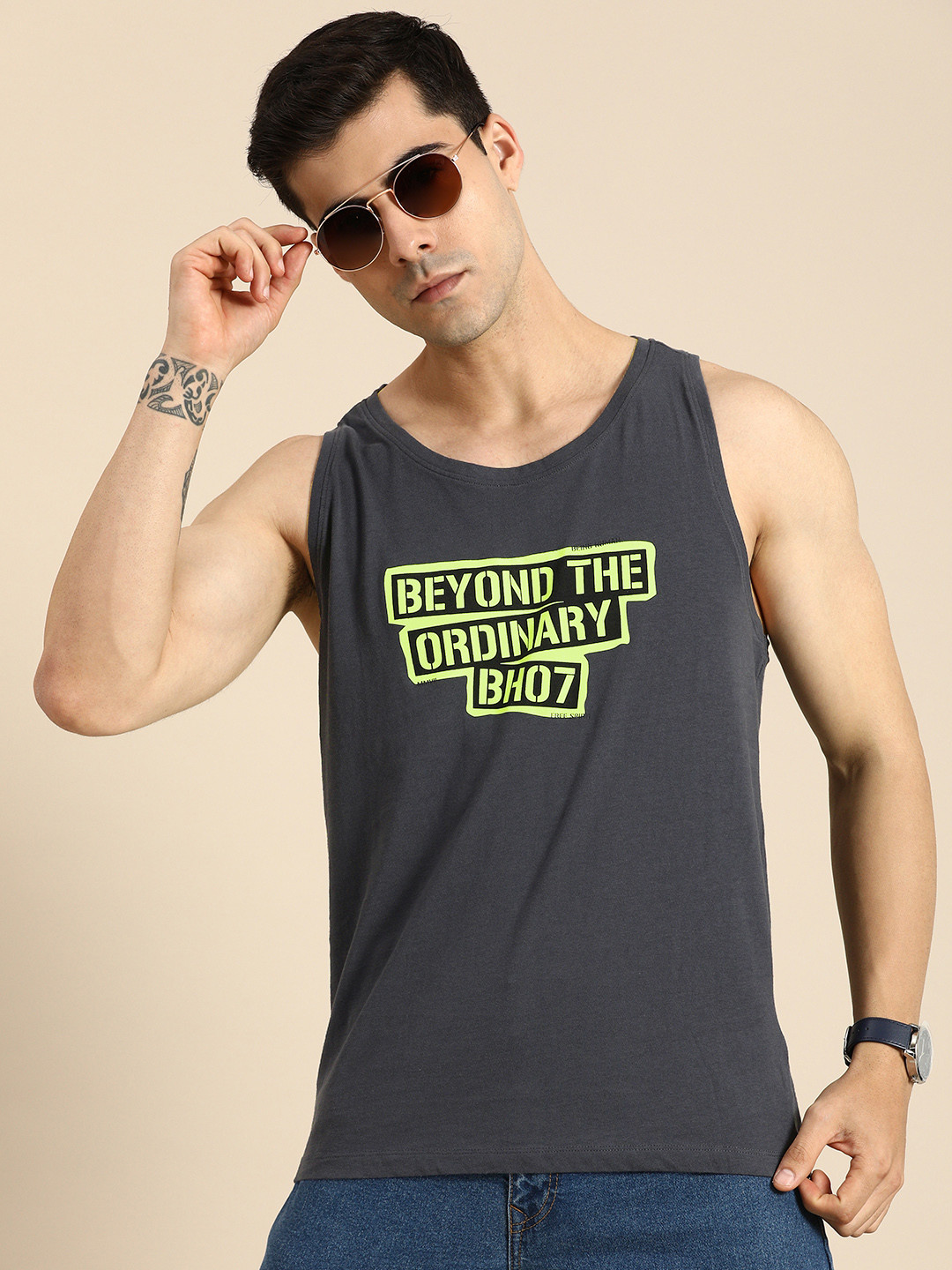 

Being Human Men Charcoal & Fluorescent Green Typography Printed Pure Cotton T-shirt