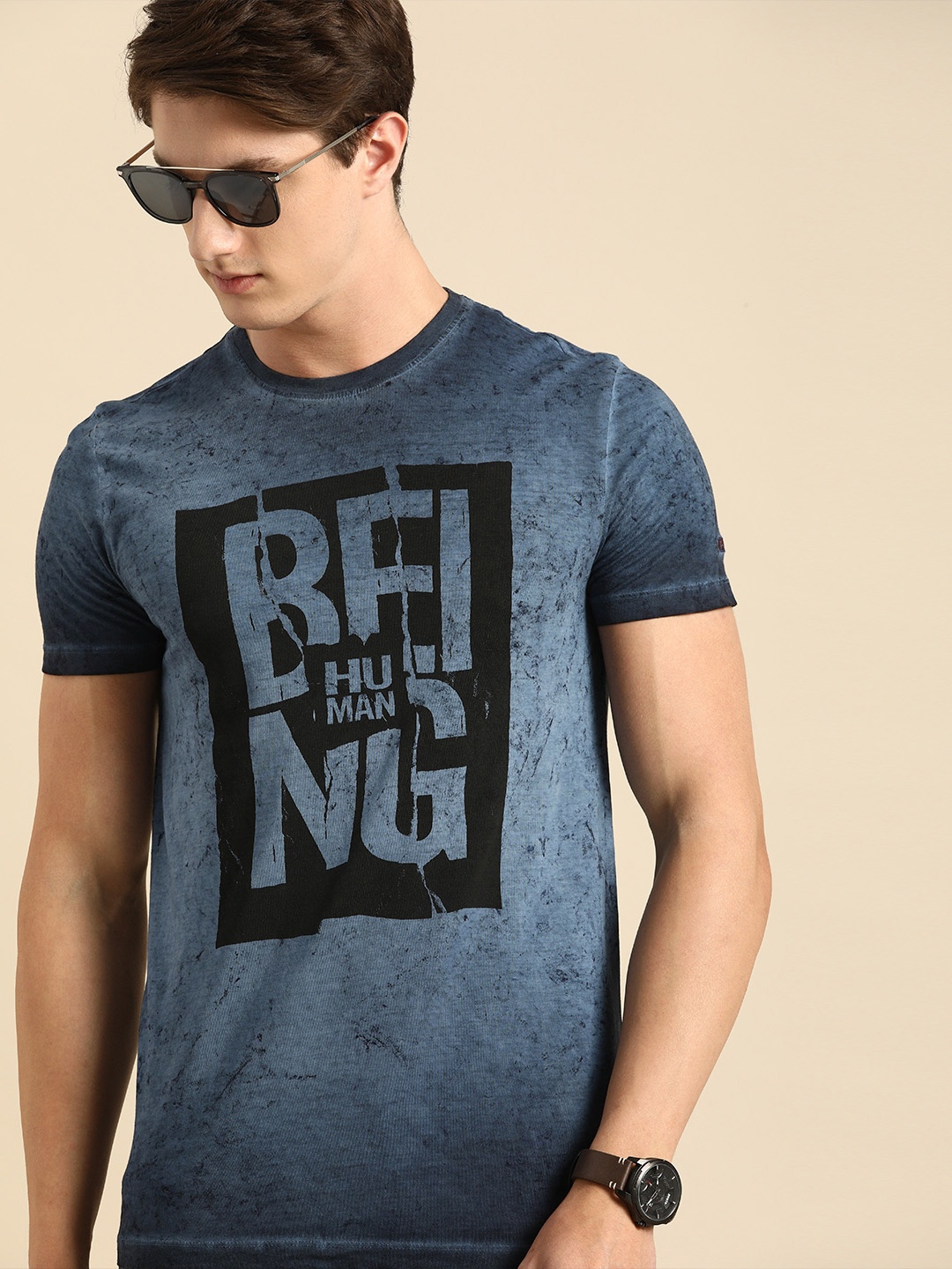 

Being Human Men Teal Blue Printed Round Neck Pure Cotton T-shirt