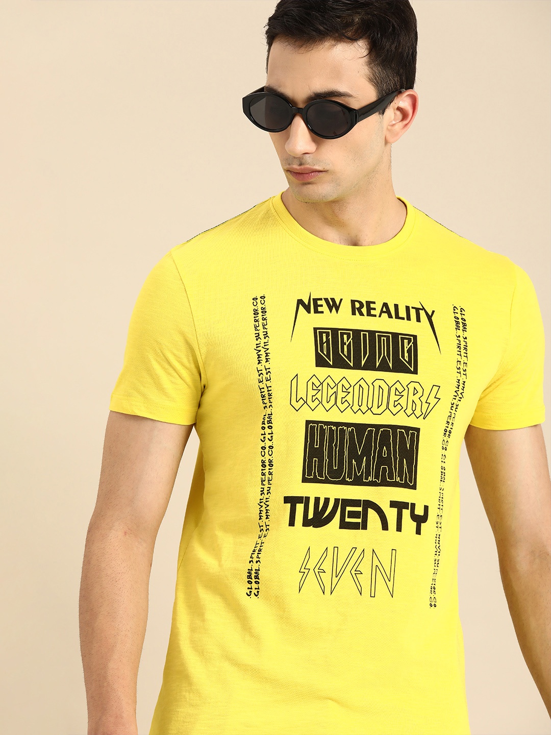 

Being Human Men Yellow Black Brand Logo Print Round Neck Pure Cotton T-shirt