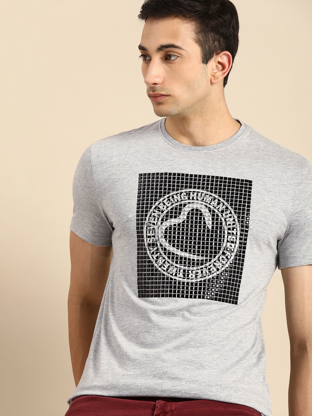 

Being Human Men Grey Melange Black Brand Logo Embellished Round Neck Pure Cotton T-shirt