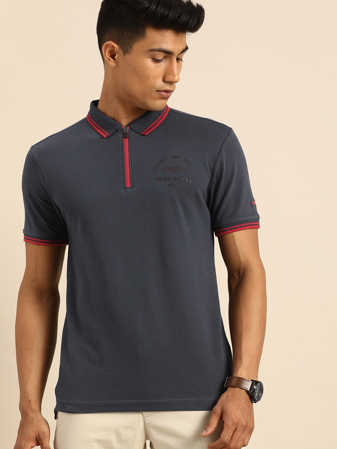 

Being Human Men Charcoal Grey Printed Polo Collar T-shirt