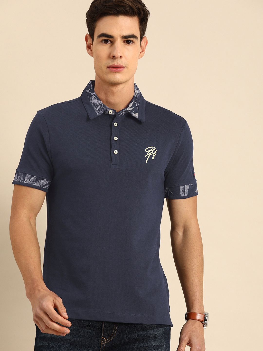 

Being Human Men Navy Blue Solid Polo Collar T-shirt With Printed Detailing