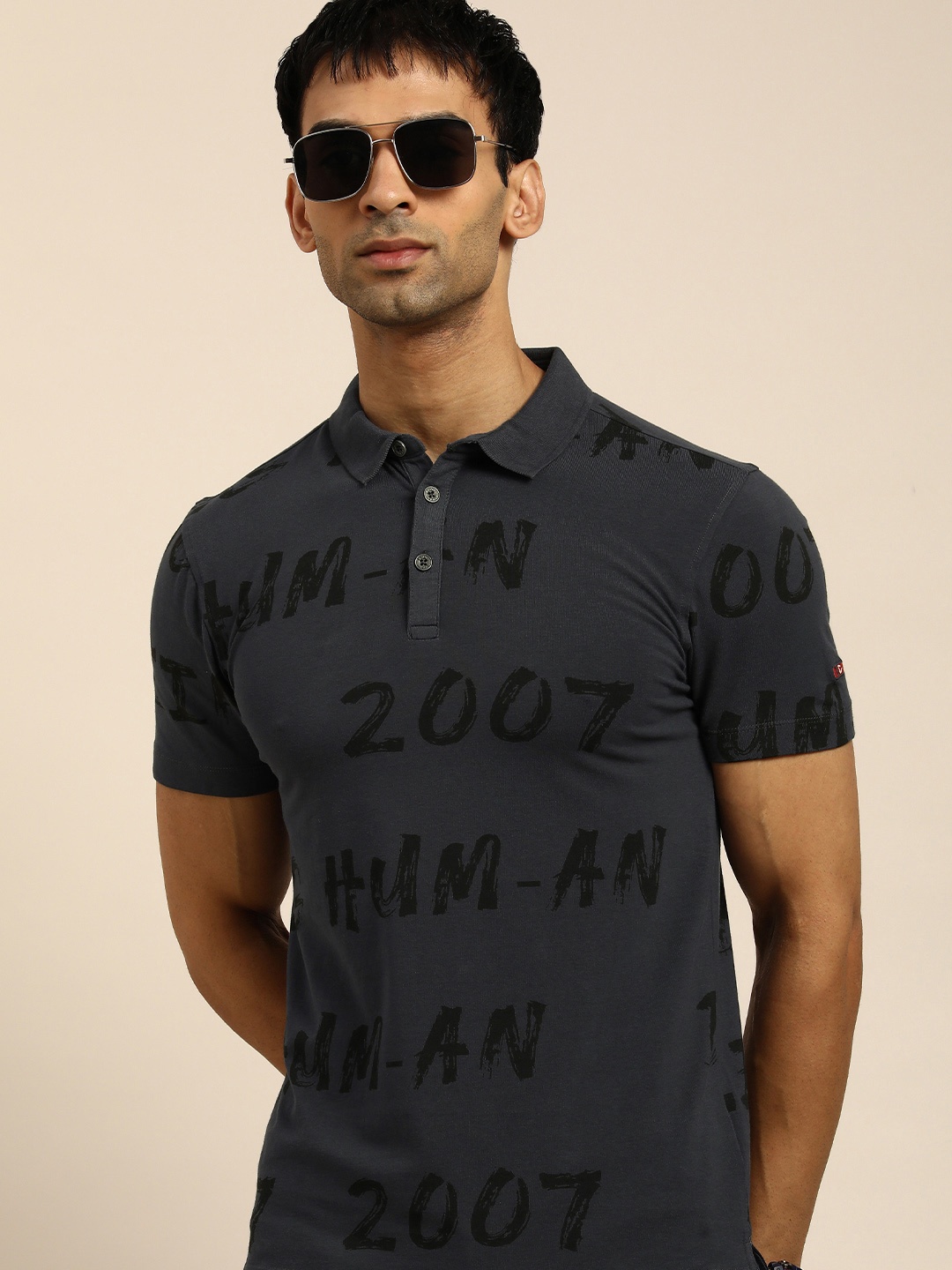 

Being Human Men Charcoal Grey Typography Printed Polo Collar T-shirt