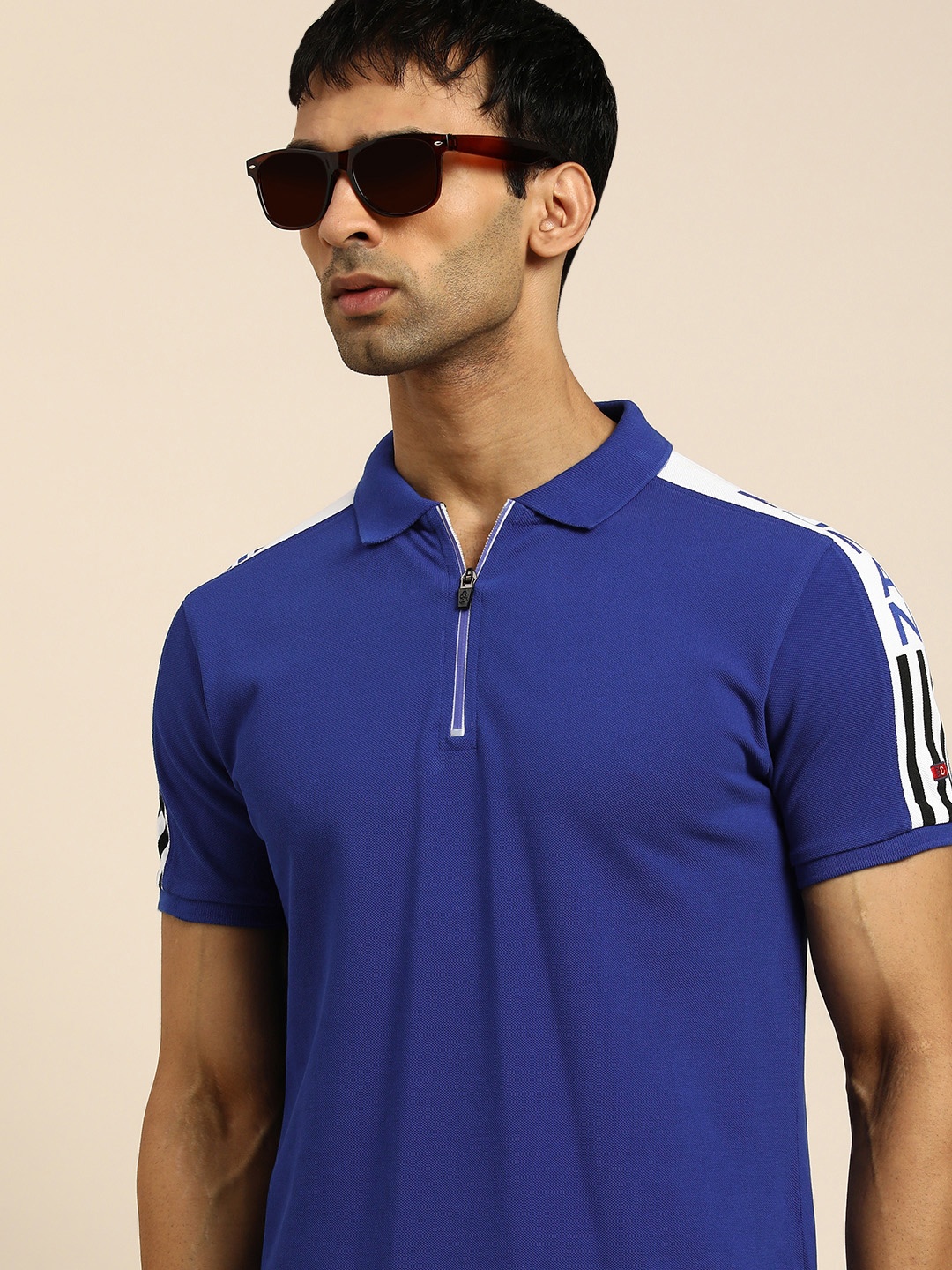 

Being Human Men Blue Printed Polo Collar Pure Cotton Slim Fit Casual T-shirt