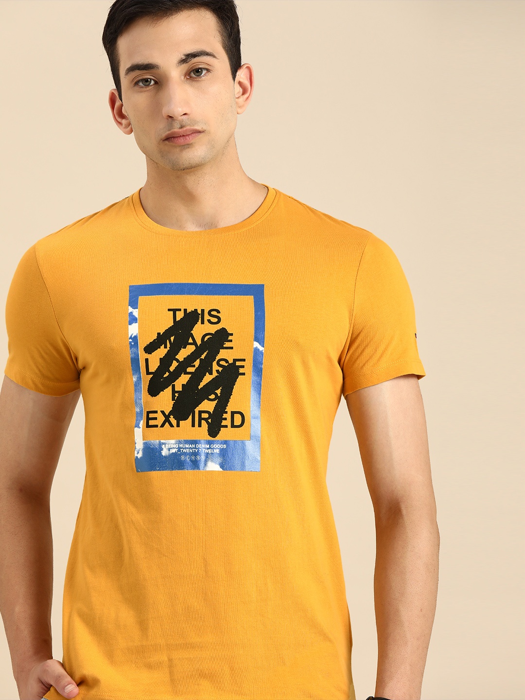 

Being Human Men Mustard Yellow Printed Round Neck Pure Cotton T-shirt