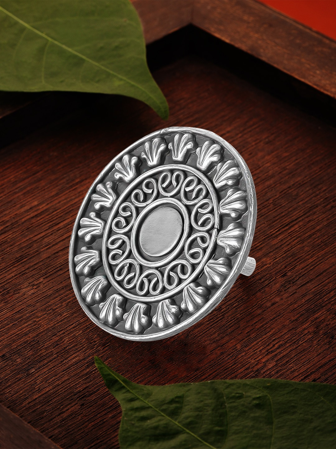 

Rubans Oxidised Silver Plated Handcrafted Filigree Floral Adjustable Finger Ring