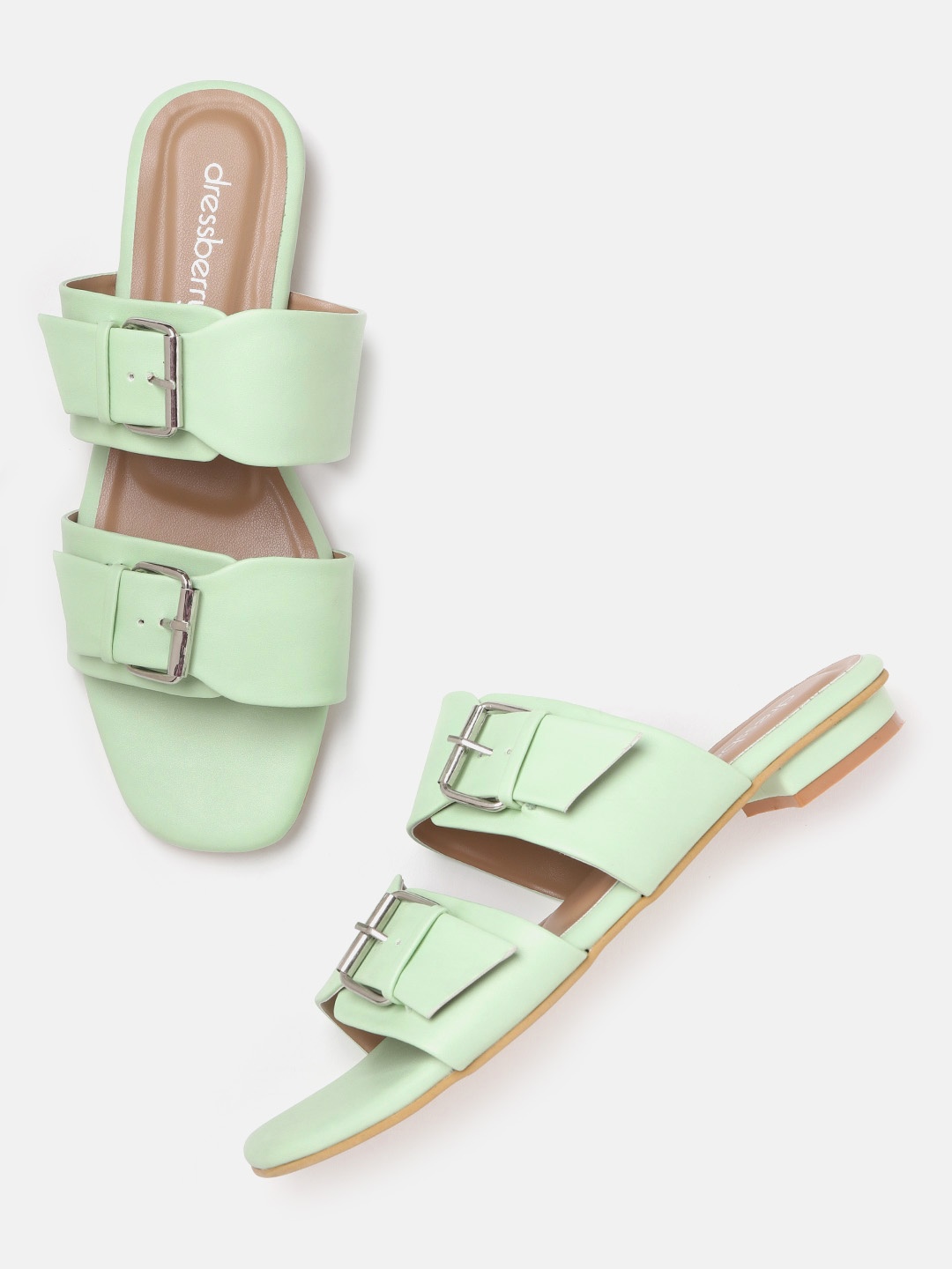 

DressBerry Women Green Solid Open Toe Flats with Buckle Detail