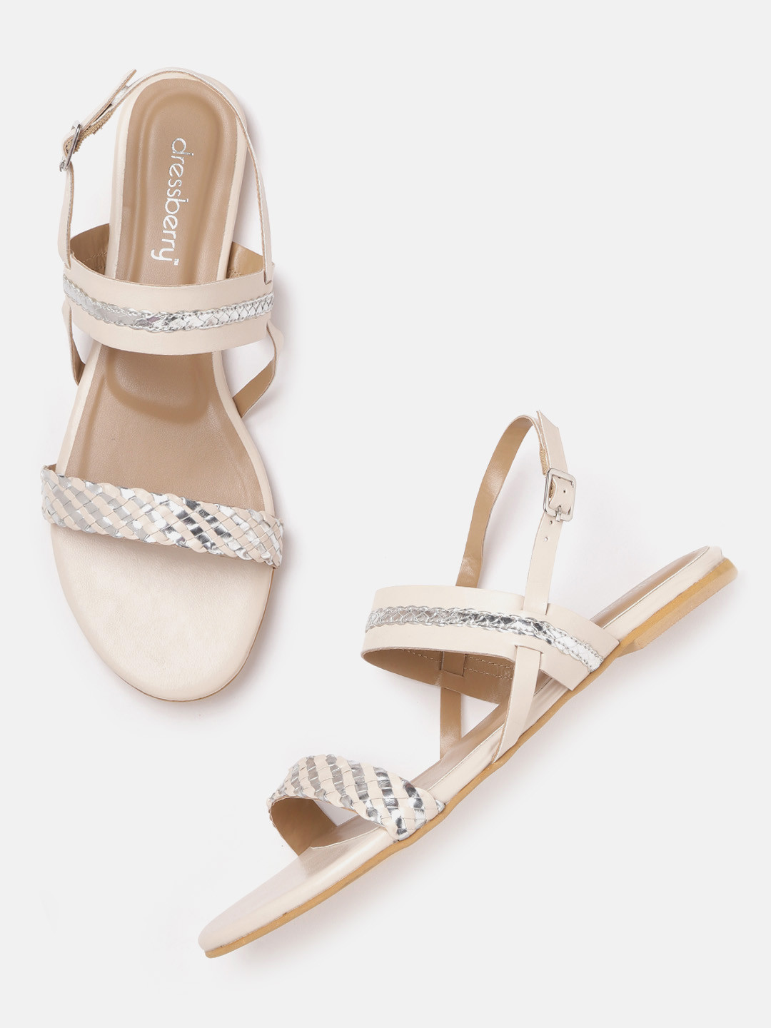 

DressBerry Women Off-White & Silver-Toned Basketweave Open Toe Flats