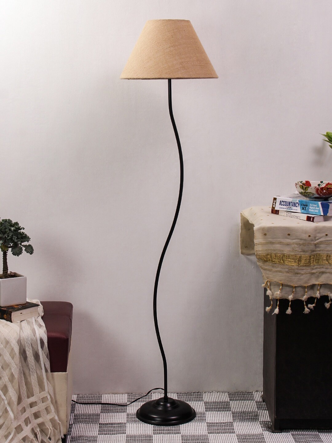 

Devansh Beige & Black Self Design Conical Curvy Jute Shade Club Lamp