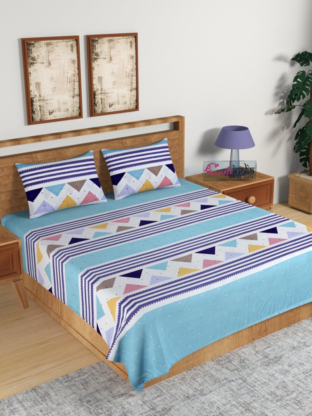 

eCraftIndia Blue & White Geometric 140 TC Cotton 1 King Bedsheet with 2 Pillow Covers