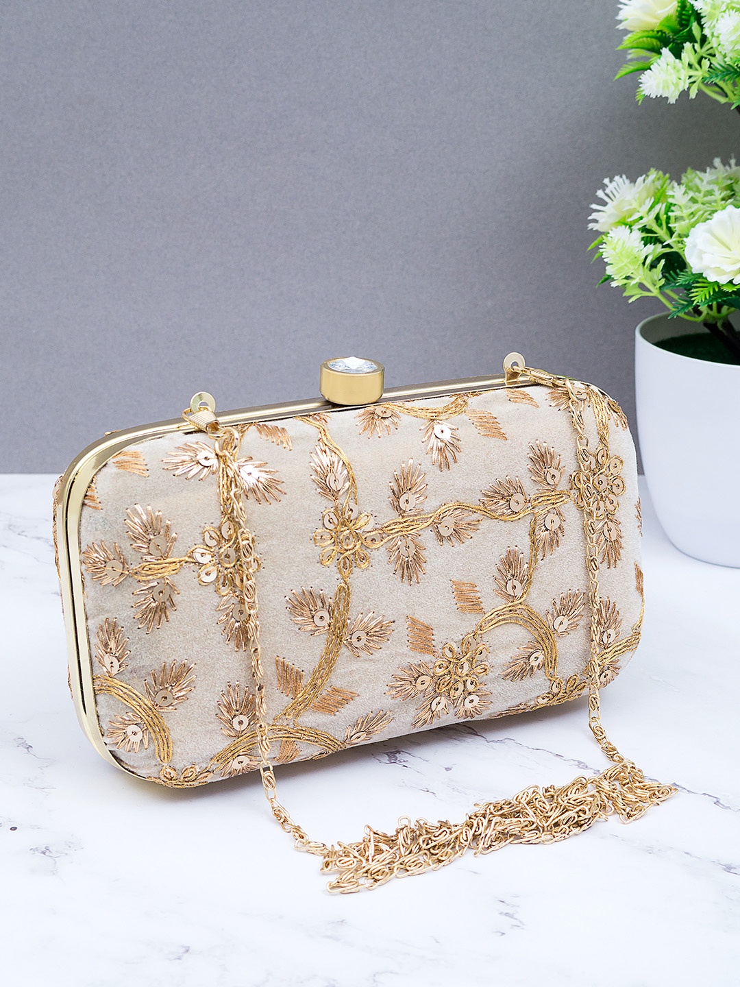 

Golden Peacock Cream-Coloured & Gold-Toned Embroidered Box Clutches