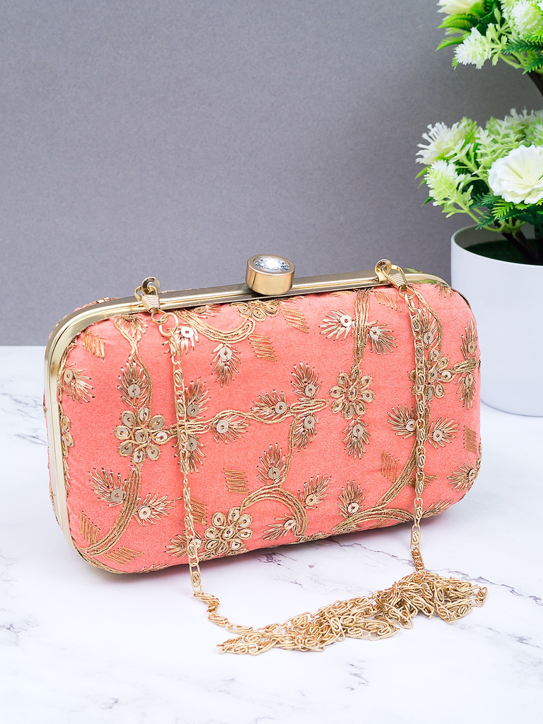 

Golden Peacock Peach-Coloured & Gold-Toned Embellished Embroidered Clutch