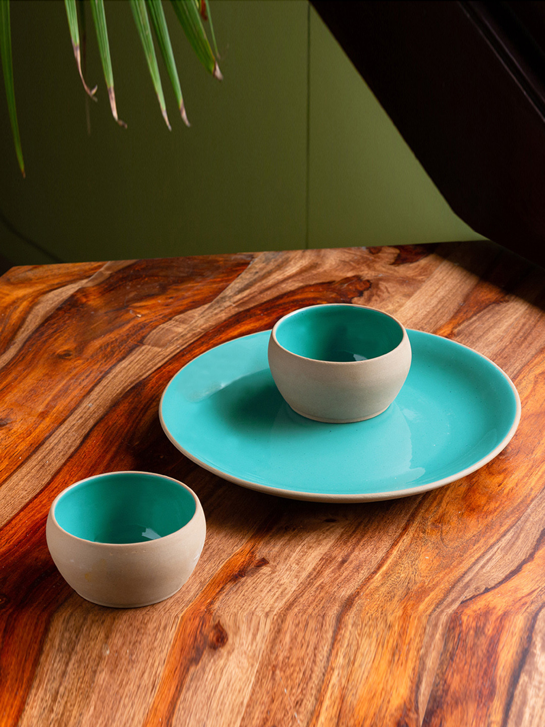 

ExclusiveLane Turquoise Blue Set Of 3 Earthen Hand Glazed Ceramic Dinner Plate With Bowls