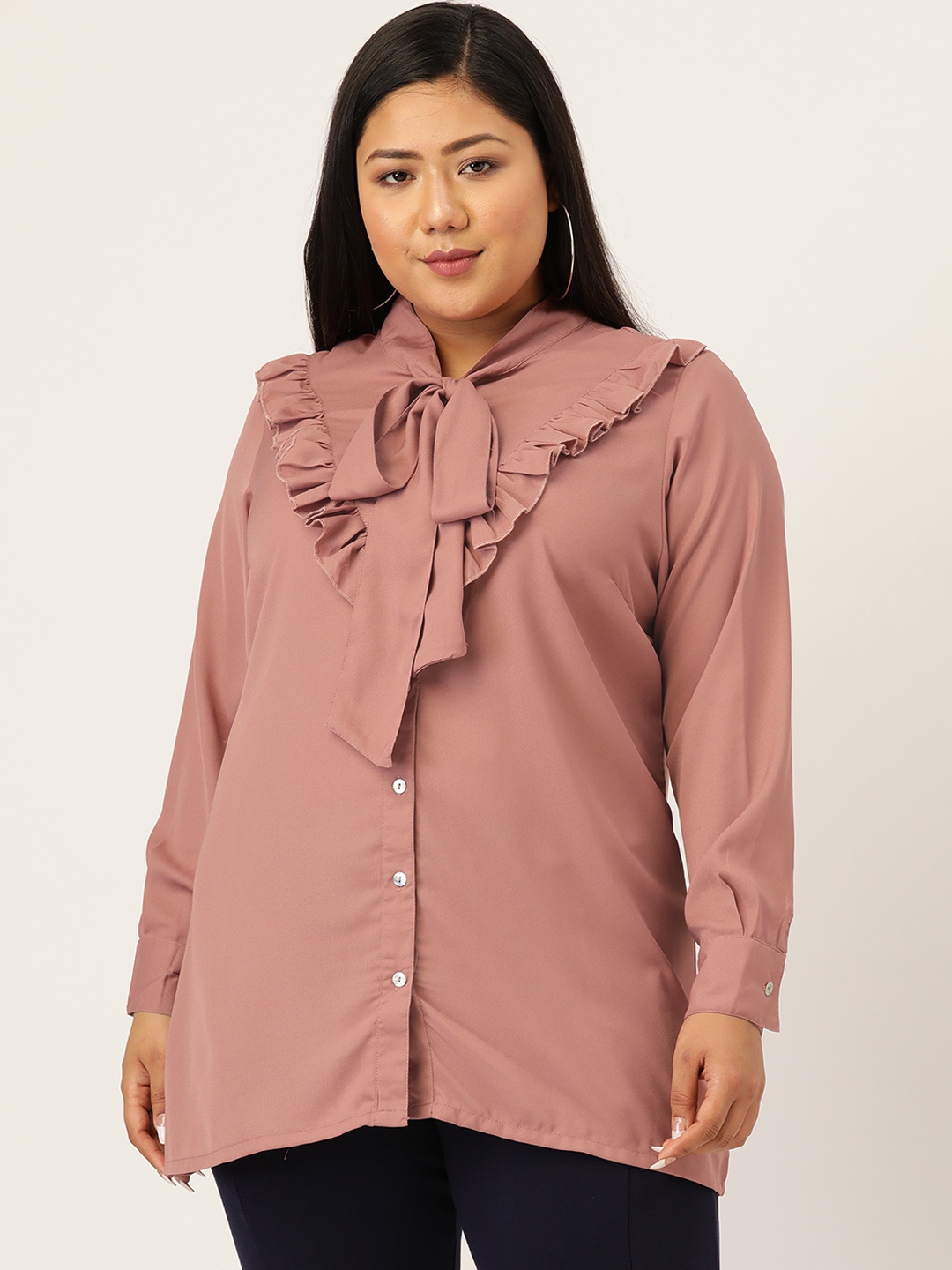 

Melon Women Plus Size Mauve Solid Ruffle Tie-up Shirt Style Top