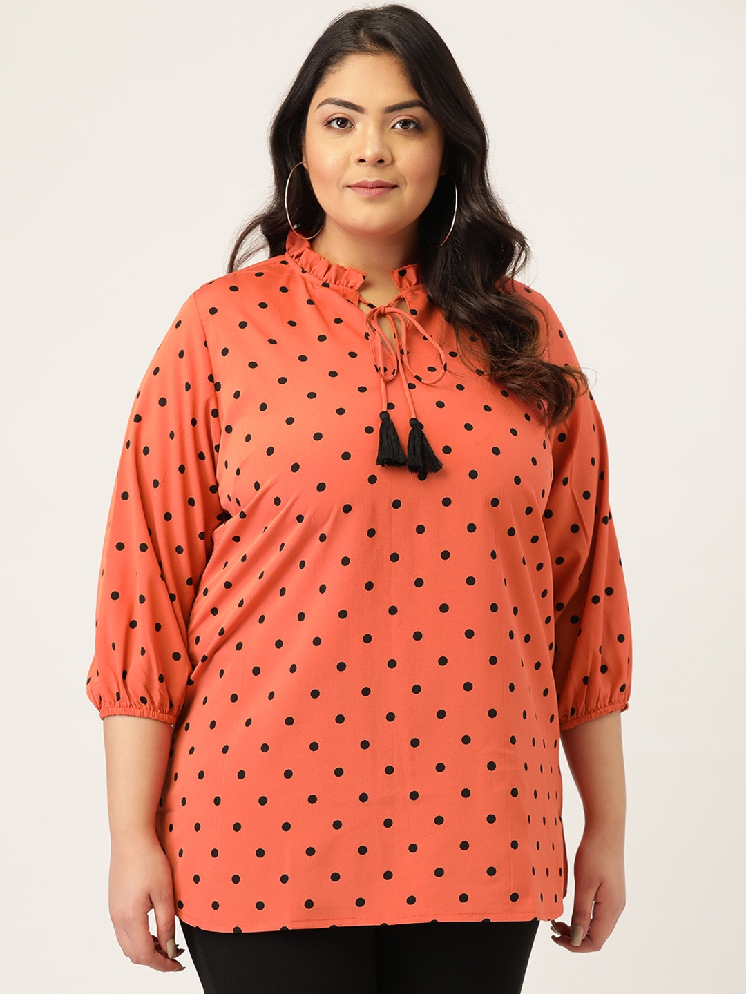

Melon Plus Size Coral & Black Polka Dots Tie-Up Neck Puff Sleeves Top