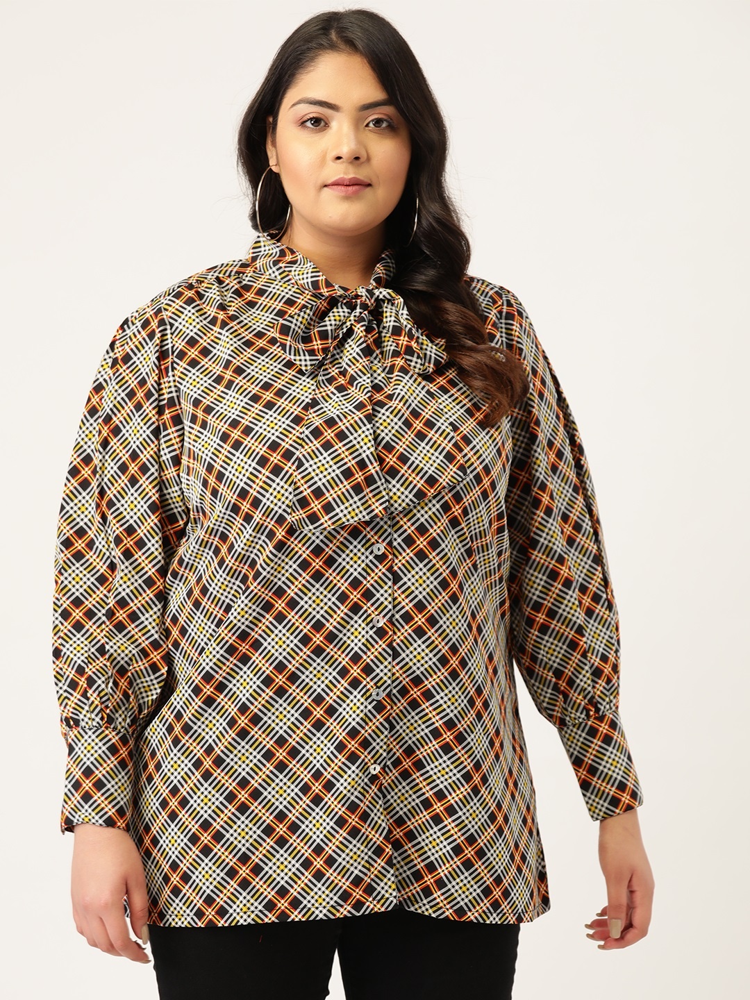 

Melon Plus Size Black & Off-White Checked Tie-Up Neck Shirt Style Top