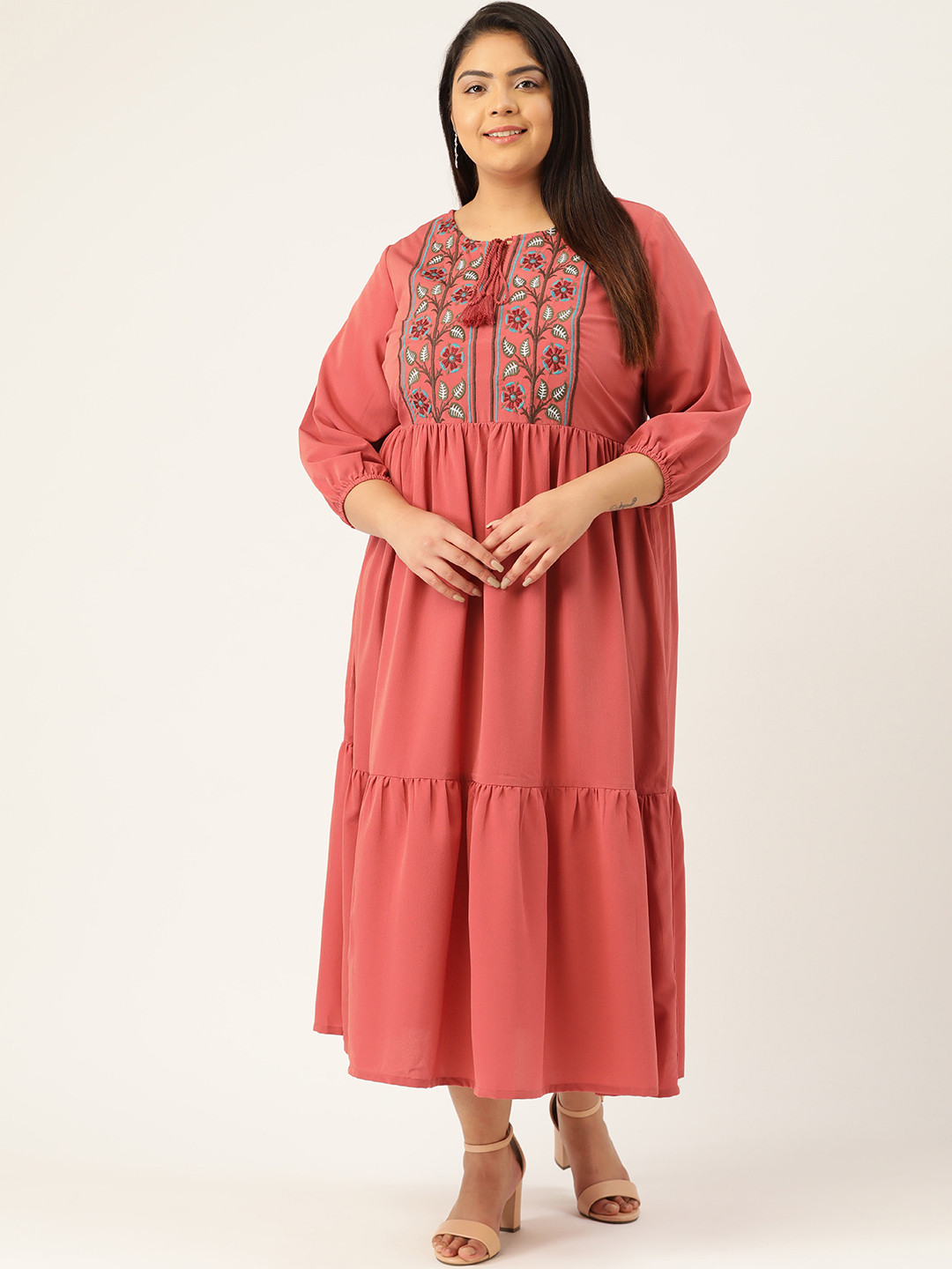 

MELON Women Pink Embroidered A-Line Tiered Dress With Tie-Up Neck & Puff Sleeves