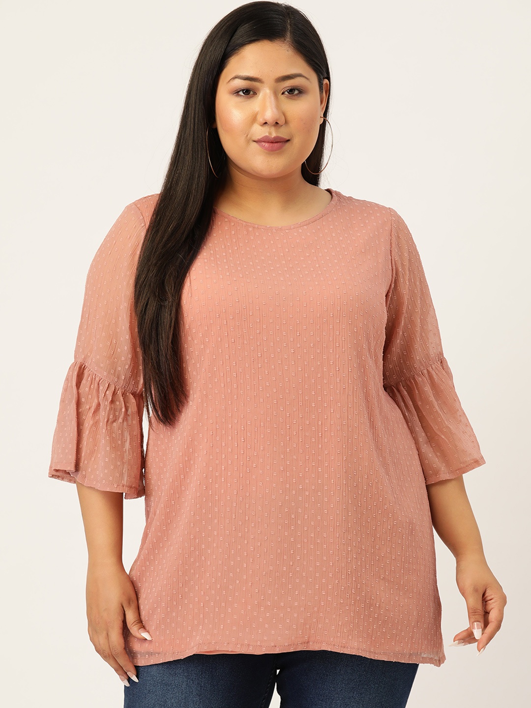 

Melon Plus Size Dusty Pink Self-Design Flared Sleeves Regular Top