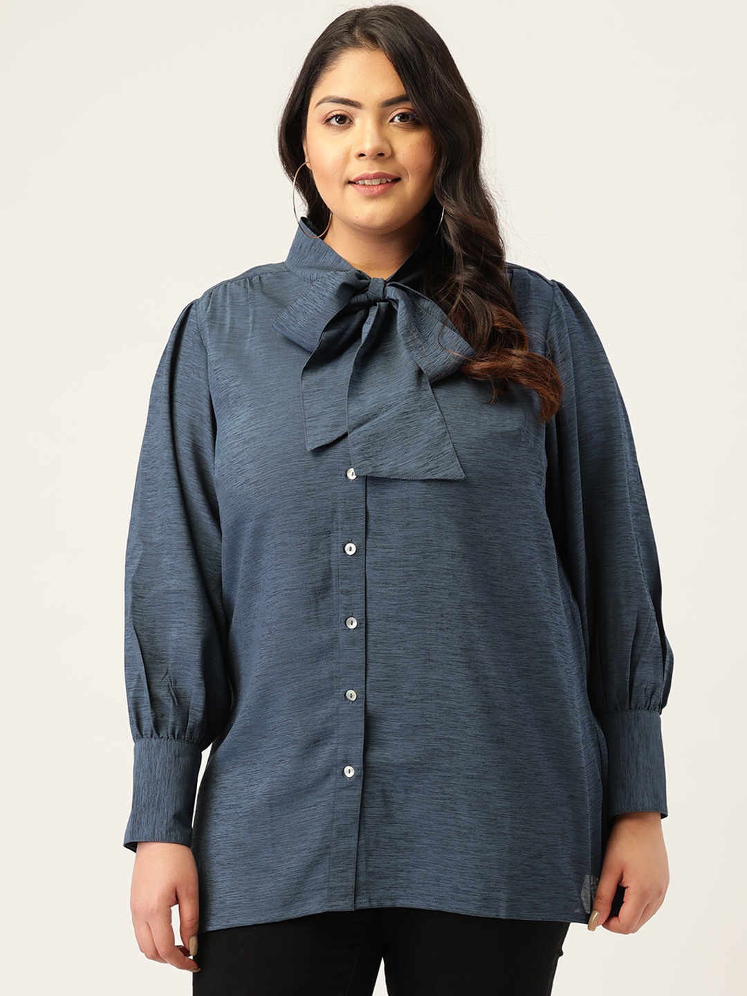 

Melon Plus Size Blue Tie-Up Neck Shirt Style Top