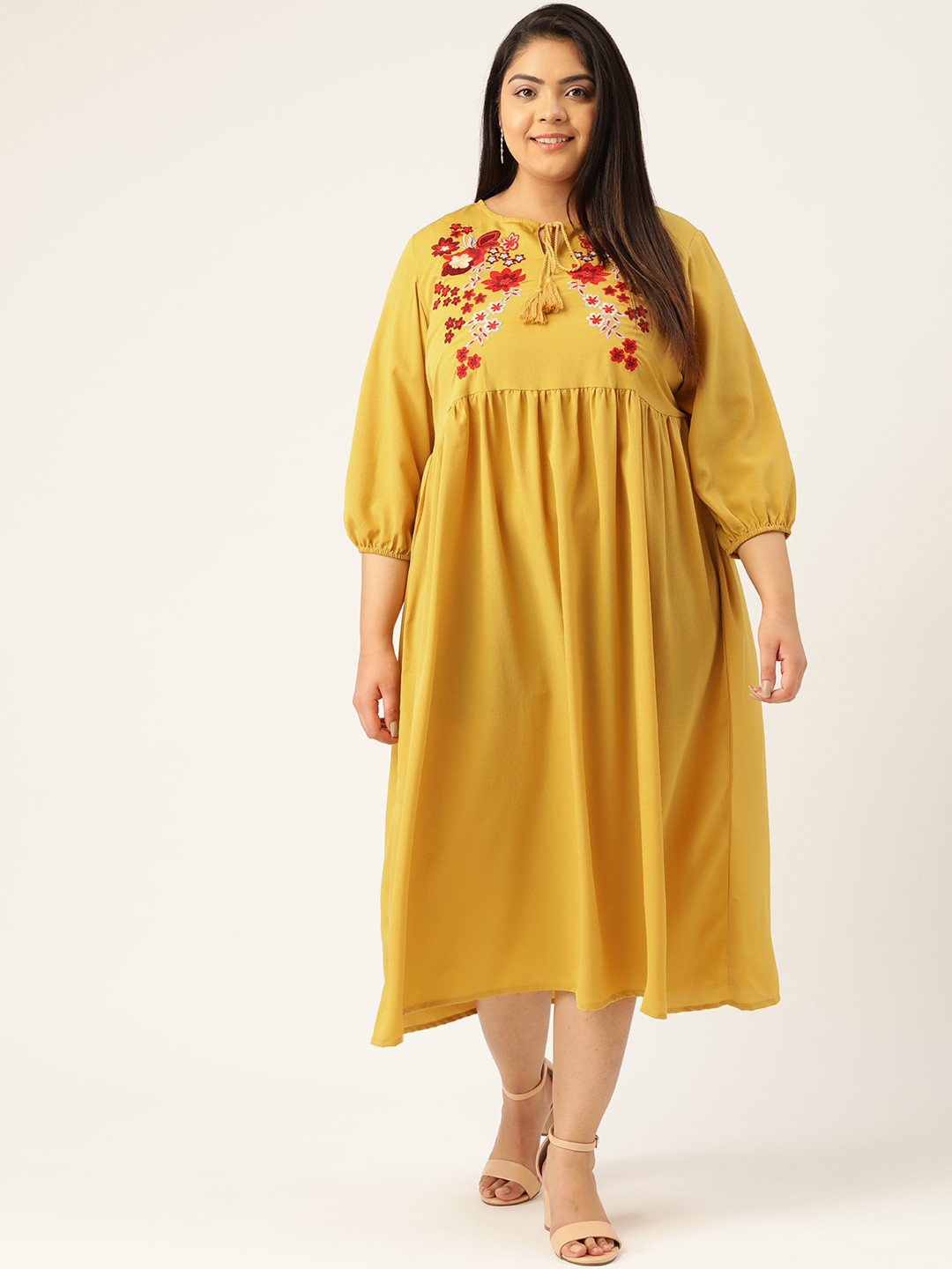 

MELON Women Mustard Yellow Embroidered Empire Dress With Tie-Up Neck & Puff Sleeves
