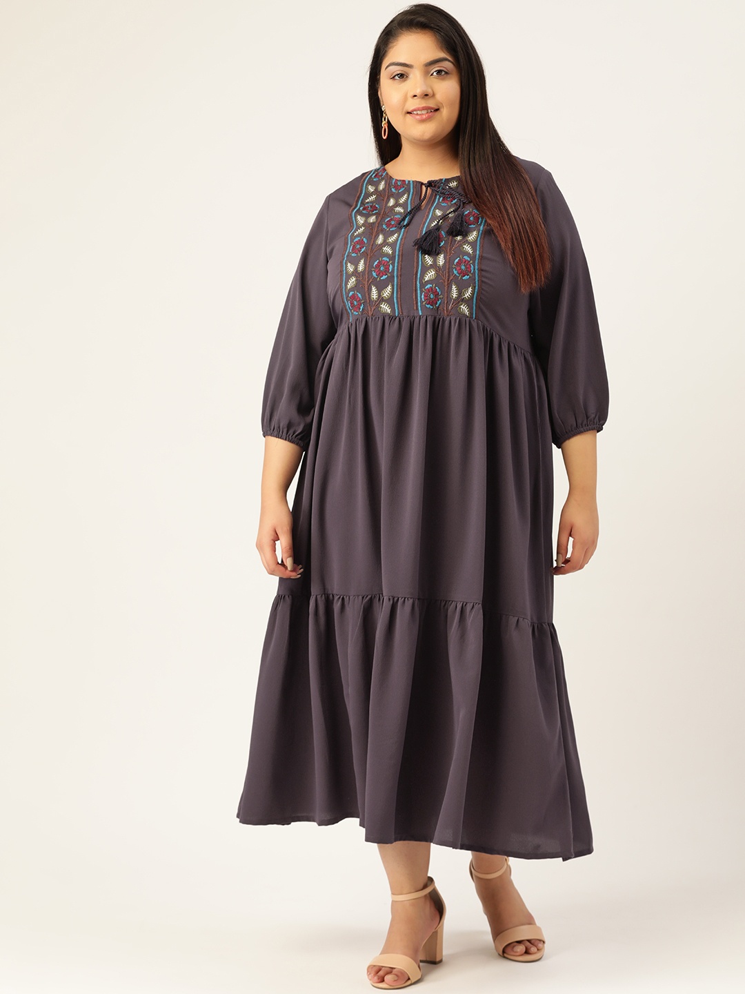 

MELON Women Purple Embroidered A-Line Tiered Dress With Tie-Up Neck & Puff Sleeves