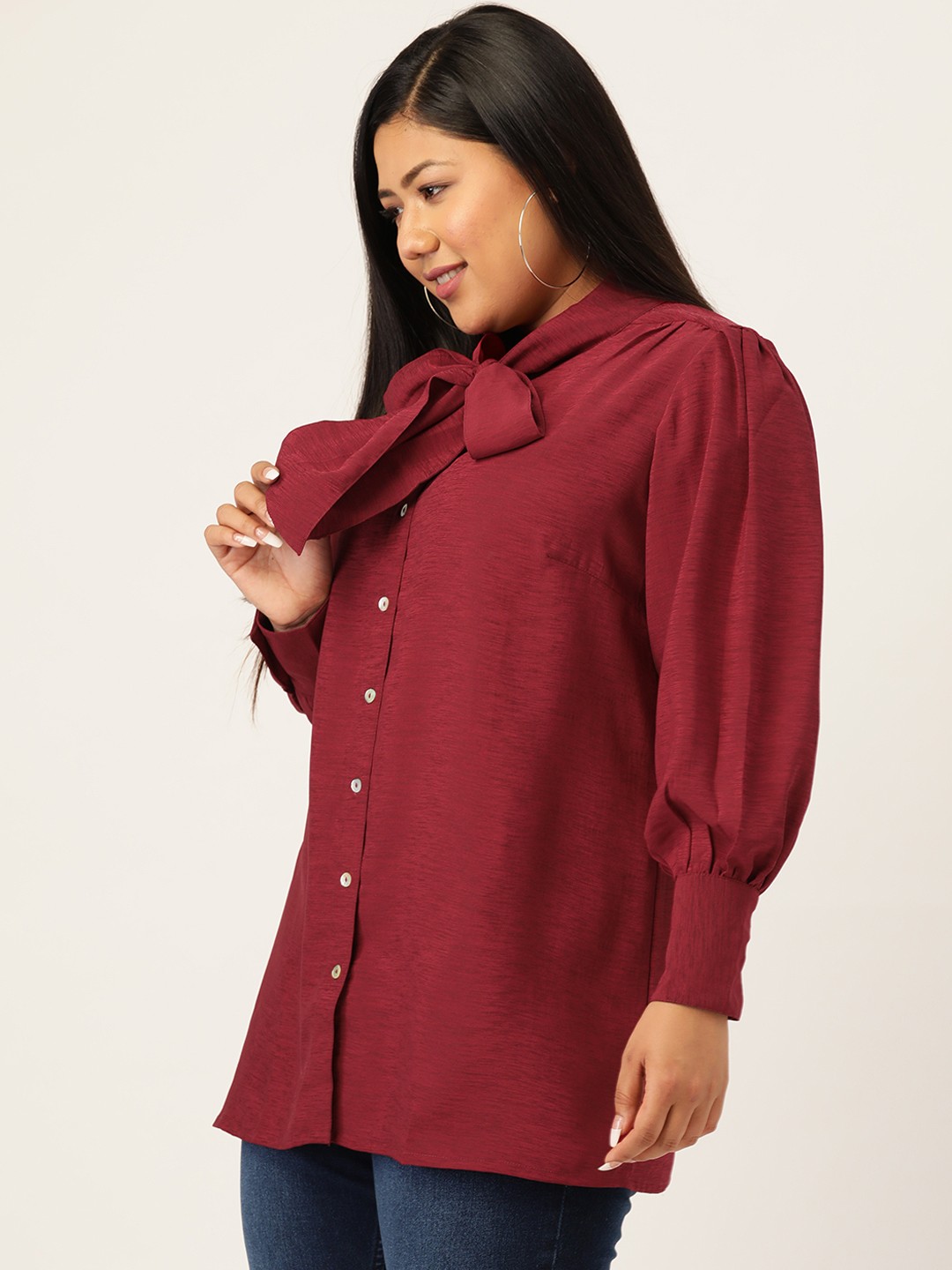 

Melon Plus Size Maroon Tie-Up Neck Shirt Style Top