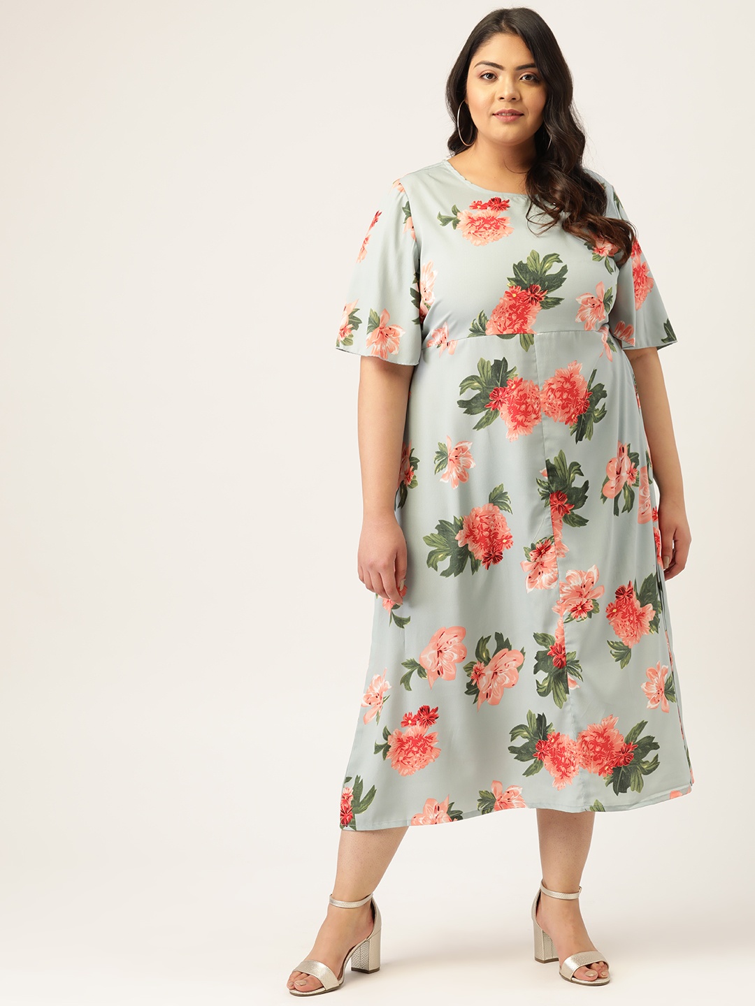

MELON Plus Size Women Sea Green & PInk Floral Printed A-Line Dress