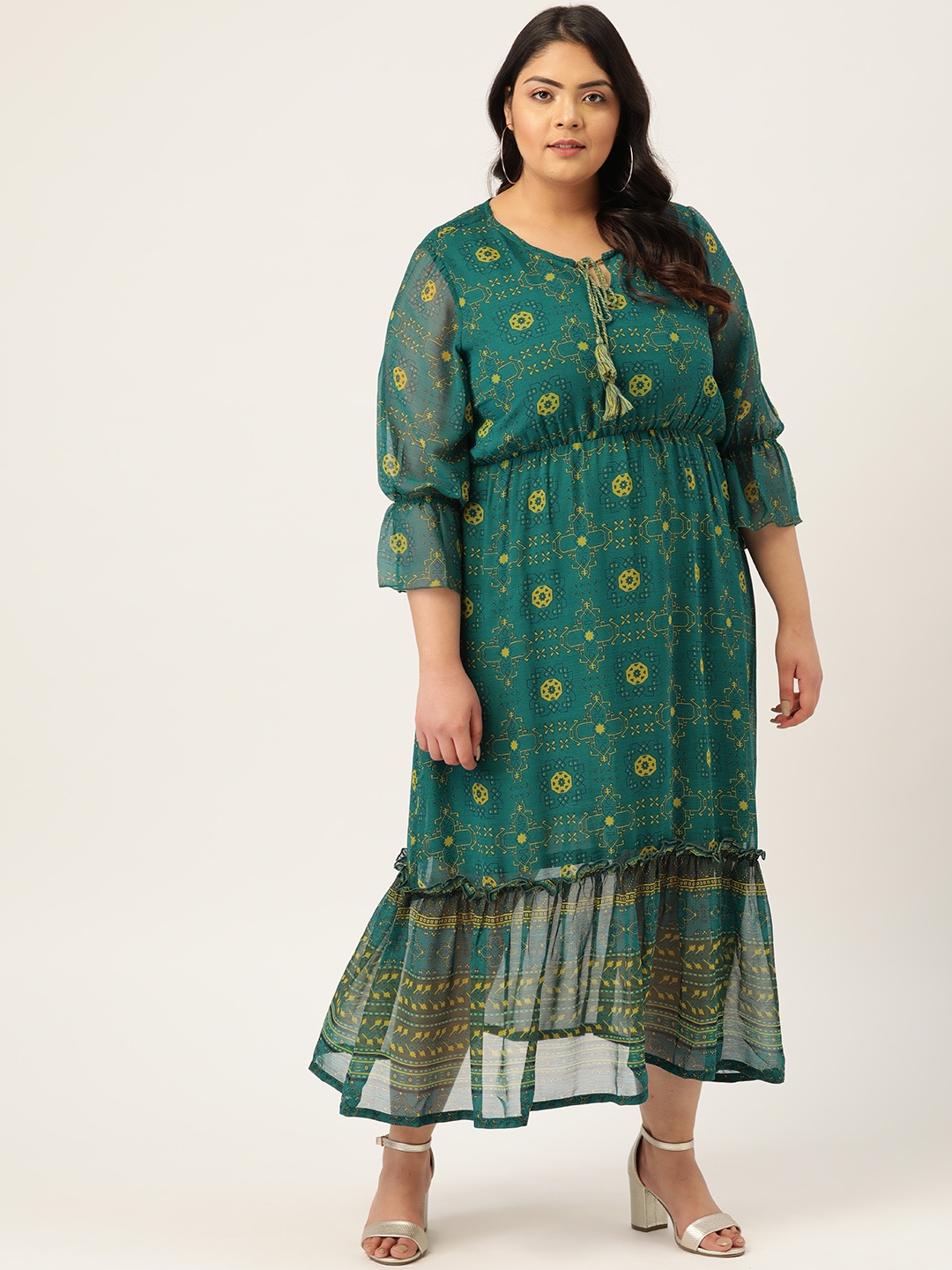 

MELON Plus Size Women Green & Mustard Yellow Geometric Printed Shift Dress