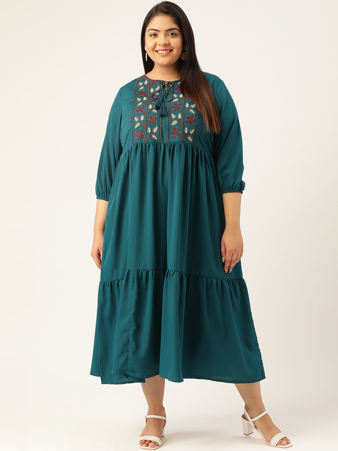 

MELON Women Teal Blue Embroidered Empire Tiered Dress With Tie-Up Neck & Puff Sleeves