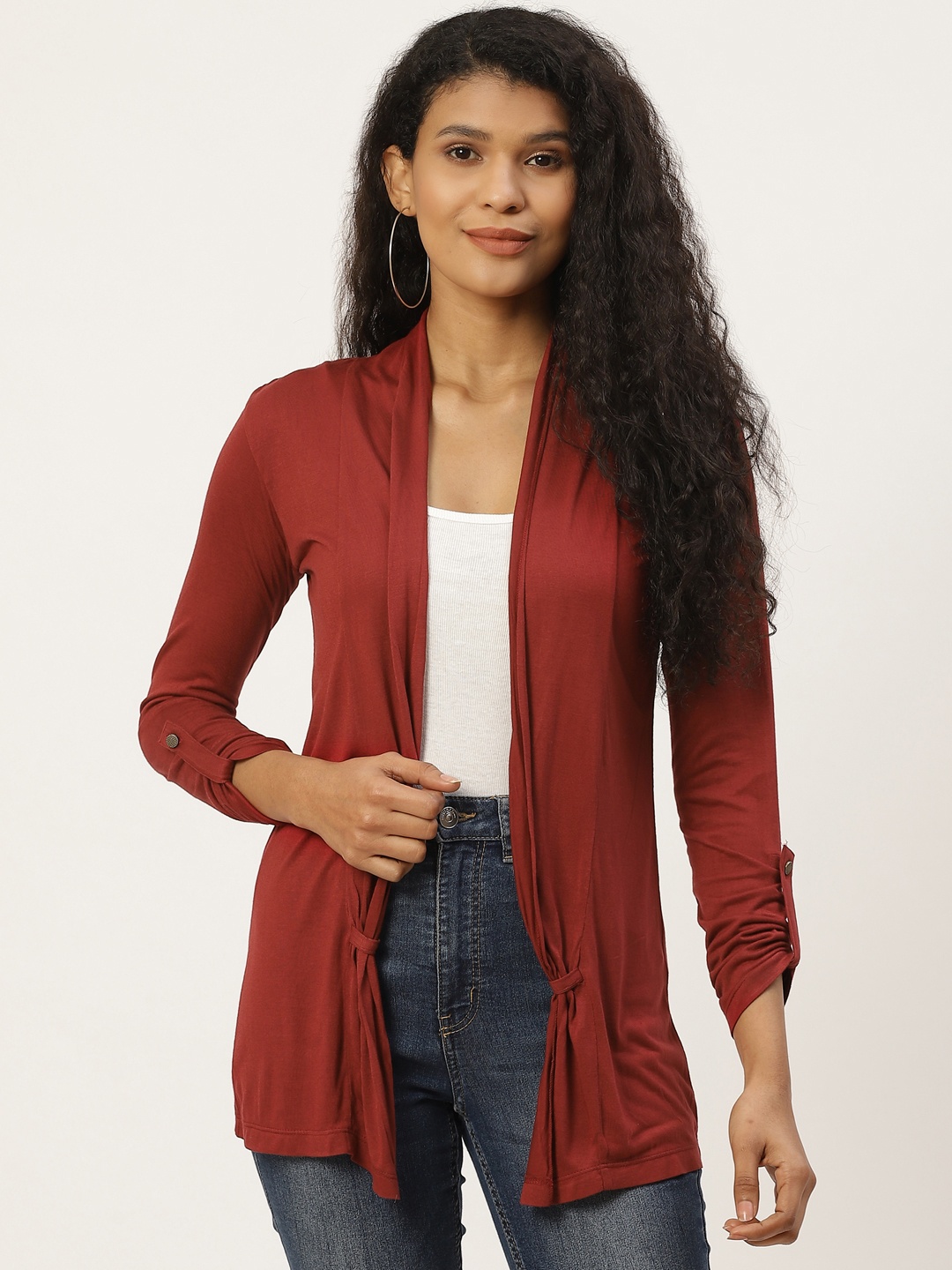 

Trend Arrest Women Maroon Solid Open Front Shrug