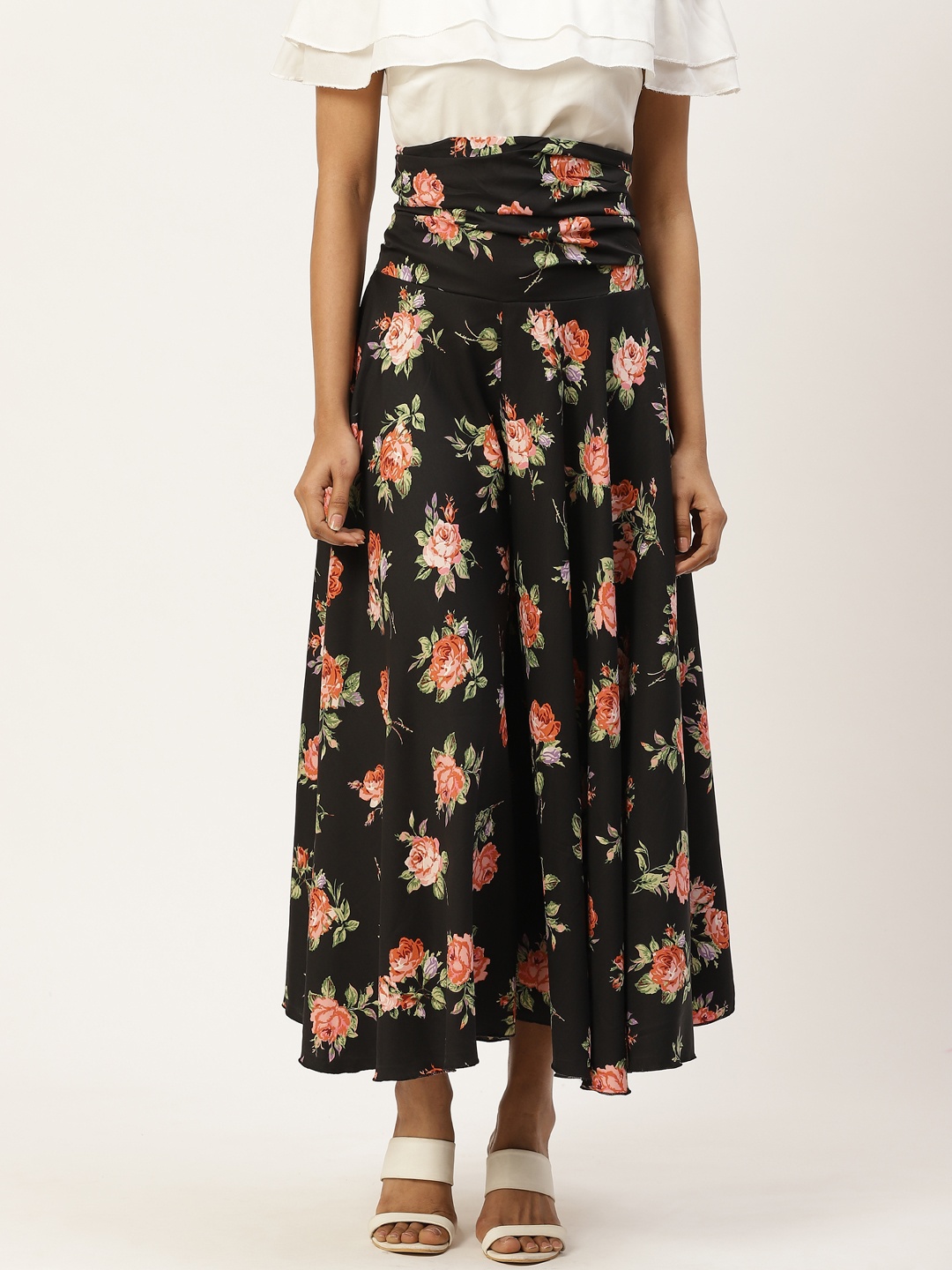 

Trend Arrest Women Black & Orange Floral Print High Waist Flared Palazzos
